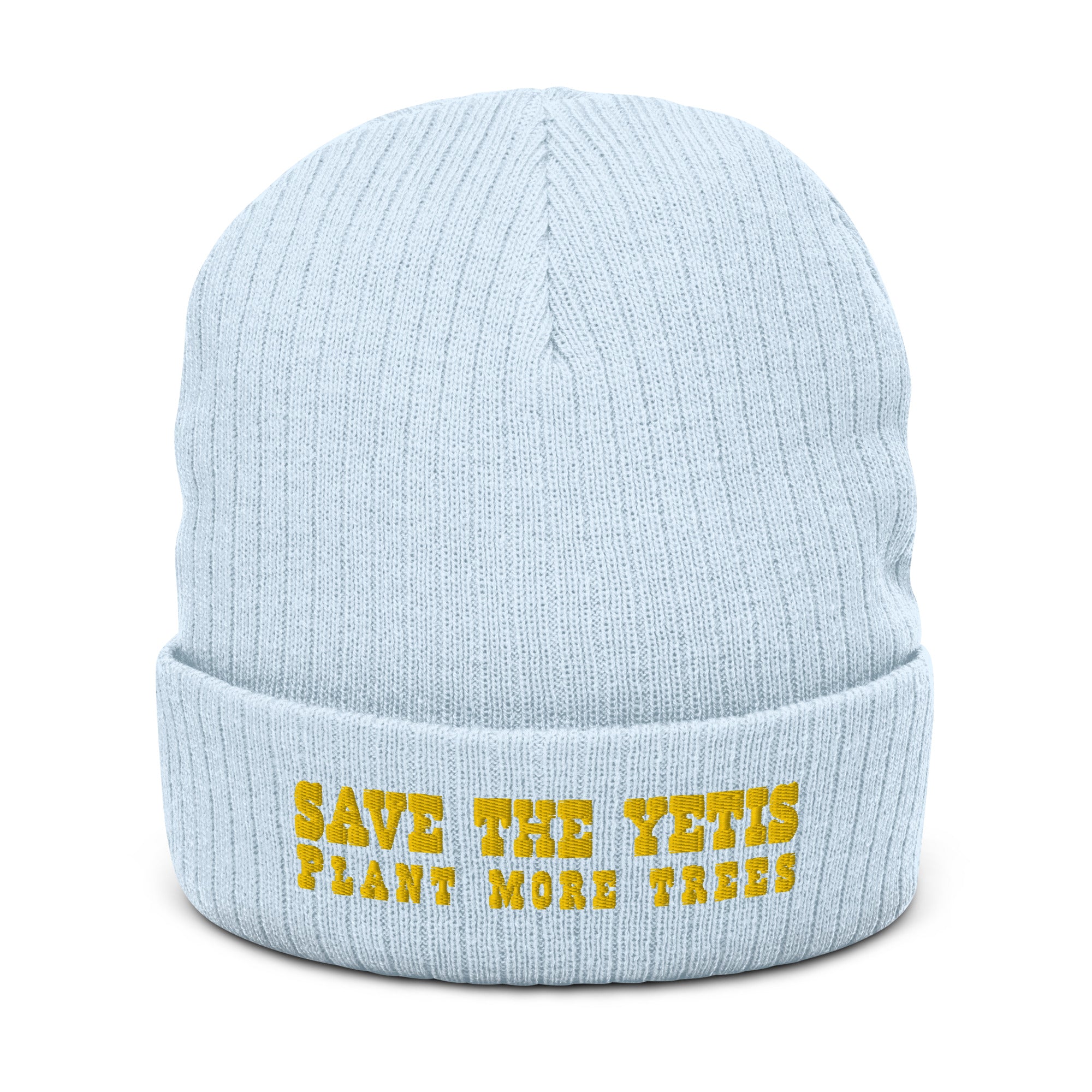 Eco ribbed knit beanie Save the Yetis, Plant more Trees Gold