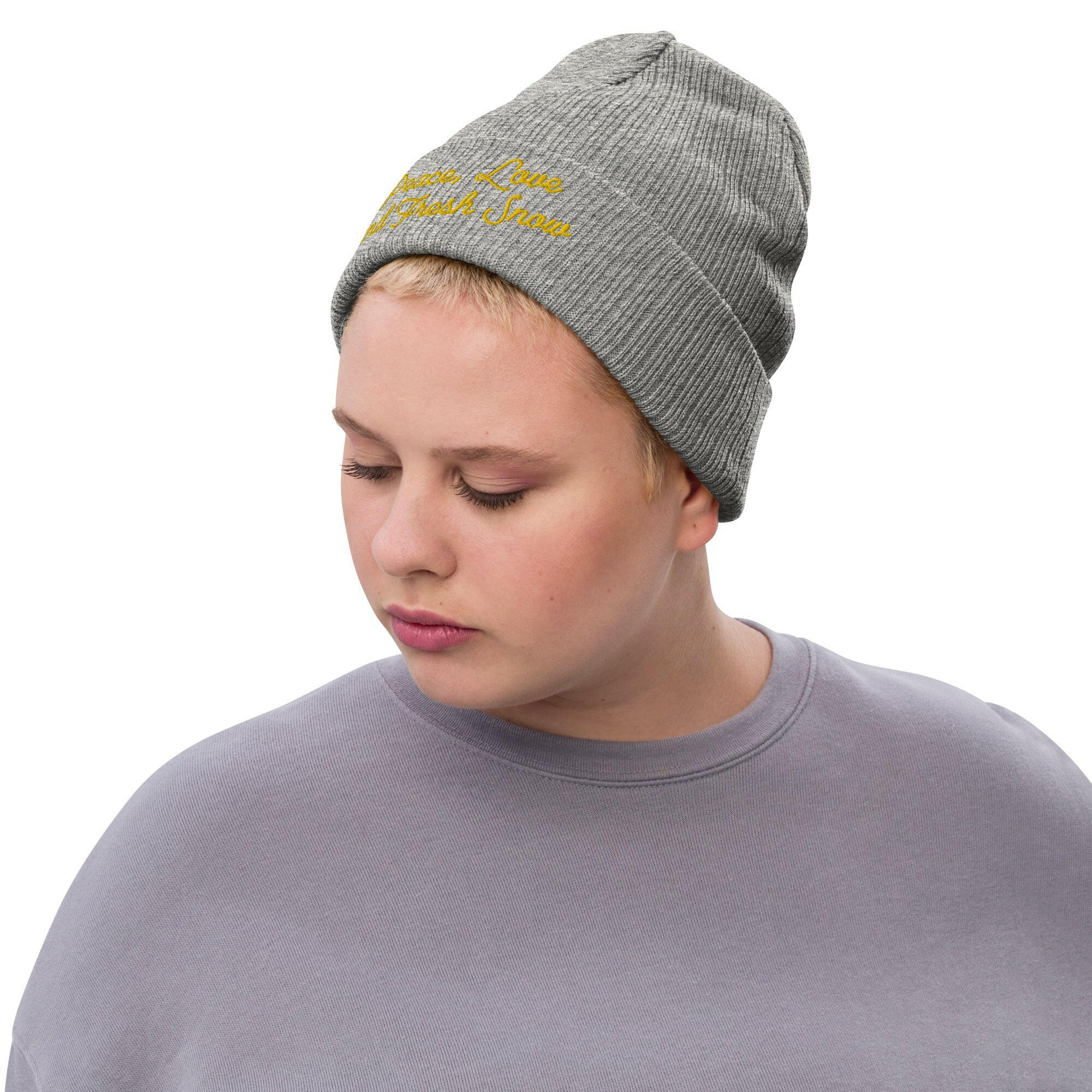 Bonnet éco-responsable en tricot côtelé Peace, Love and Fresh Snow Gold