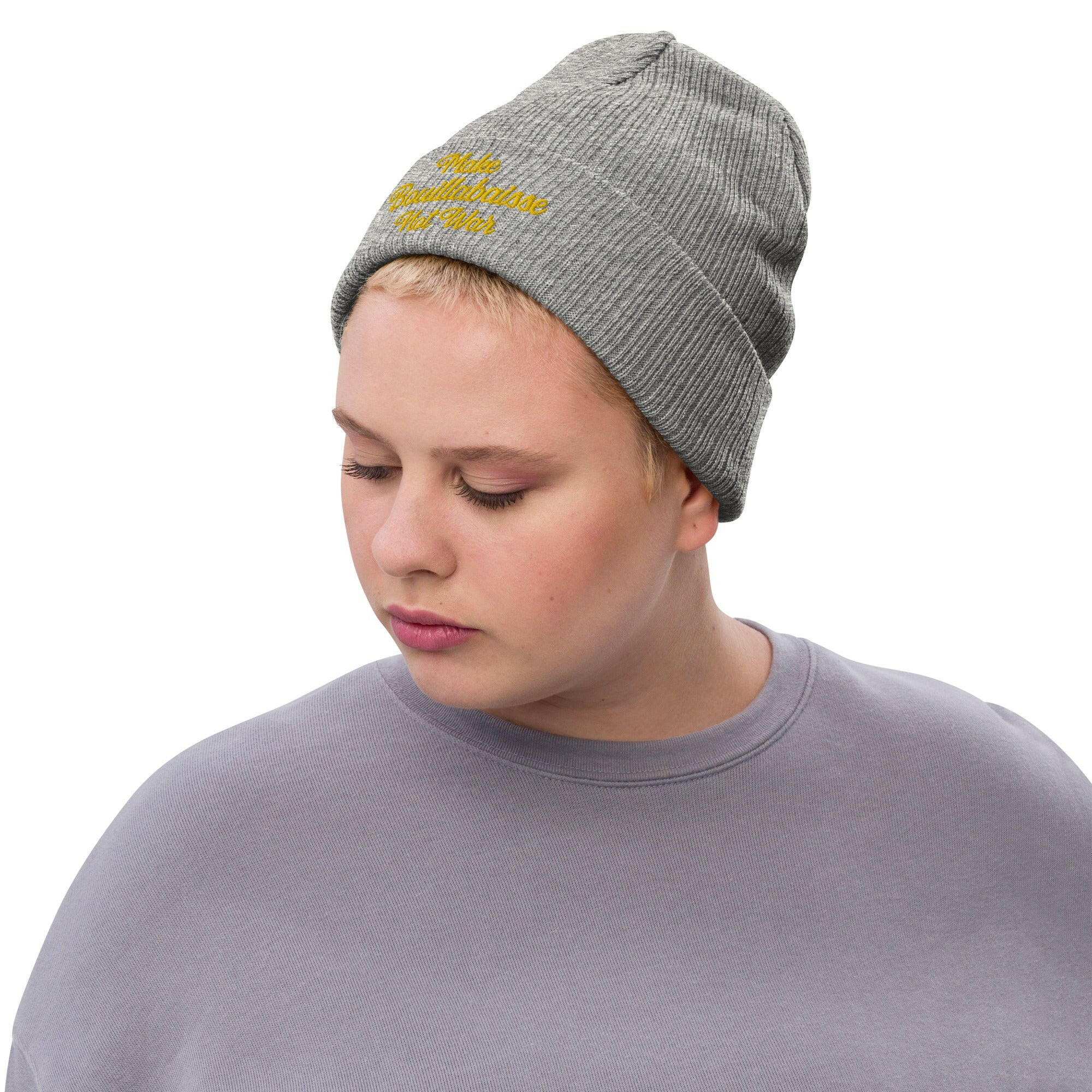 Eco ribbed knit beanie Make Bouillabaisse Not War Gold