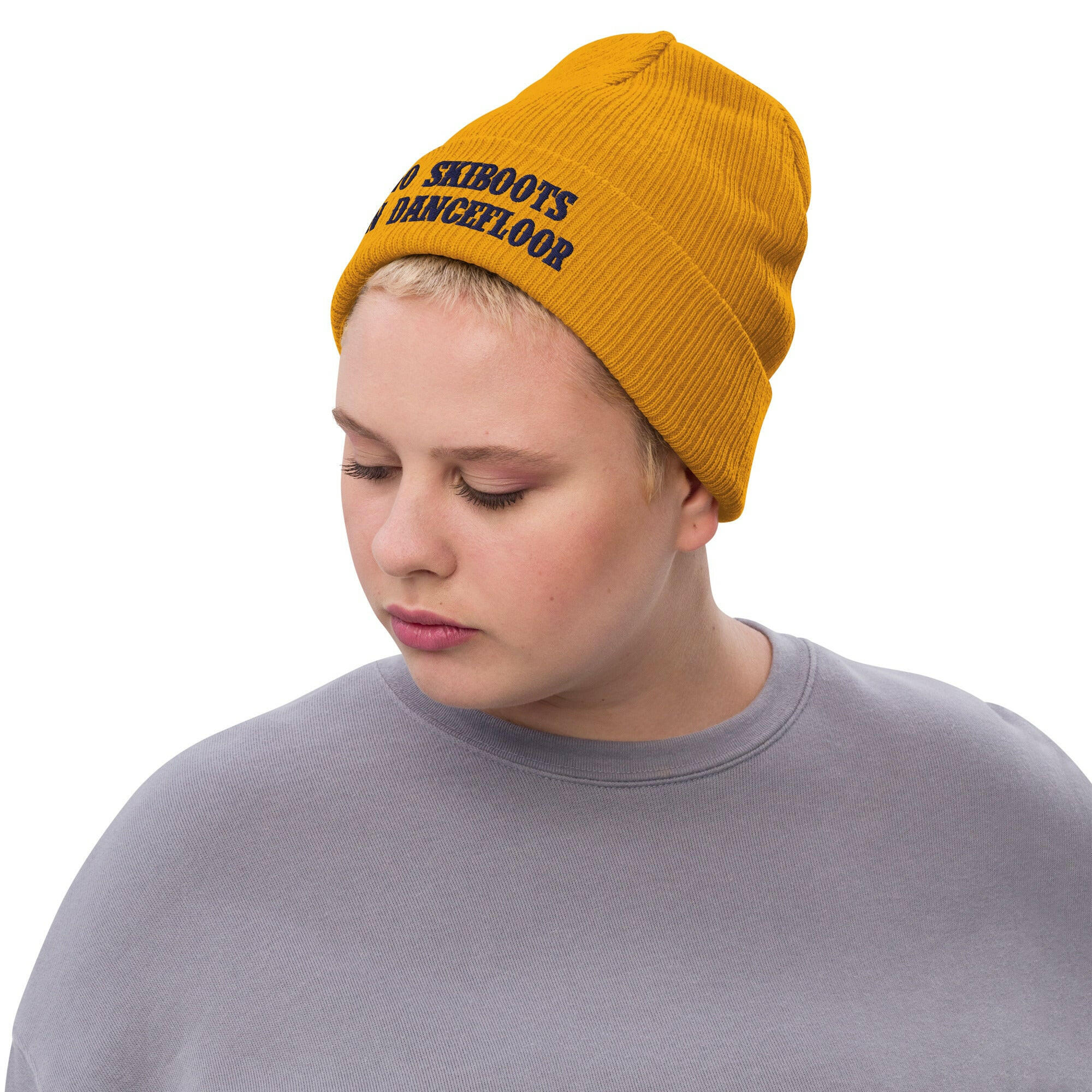 Eco ribbed knit beanie No Skiboots on Dancefloor Navy