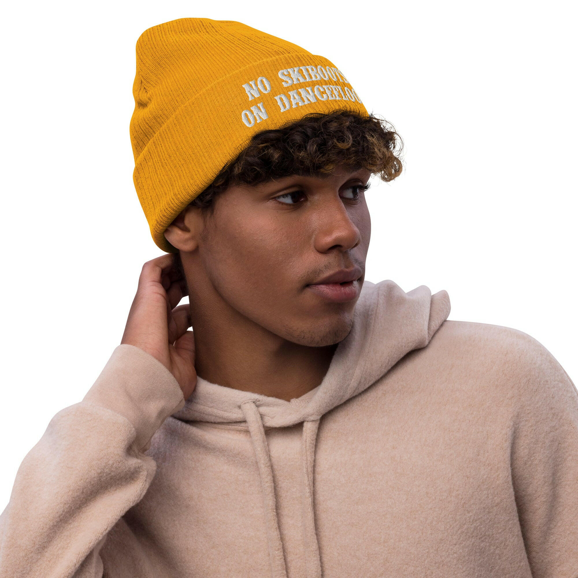 Bonnet éco-responsable en tricot côtelé No Skiboots on Dancefloor blanc