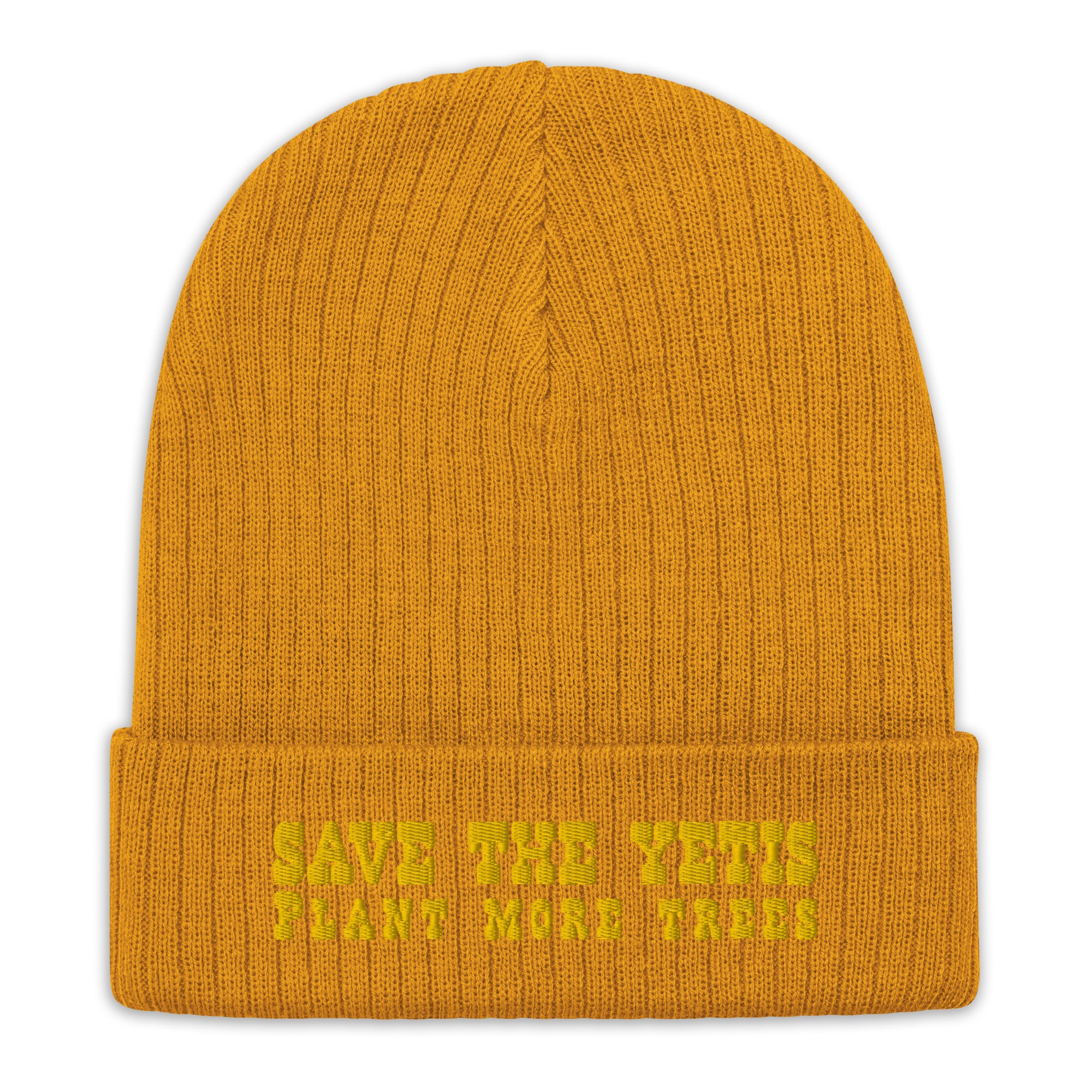 Eco ribbed knit beanie Save the Yetis, Plant more Trees Gold