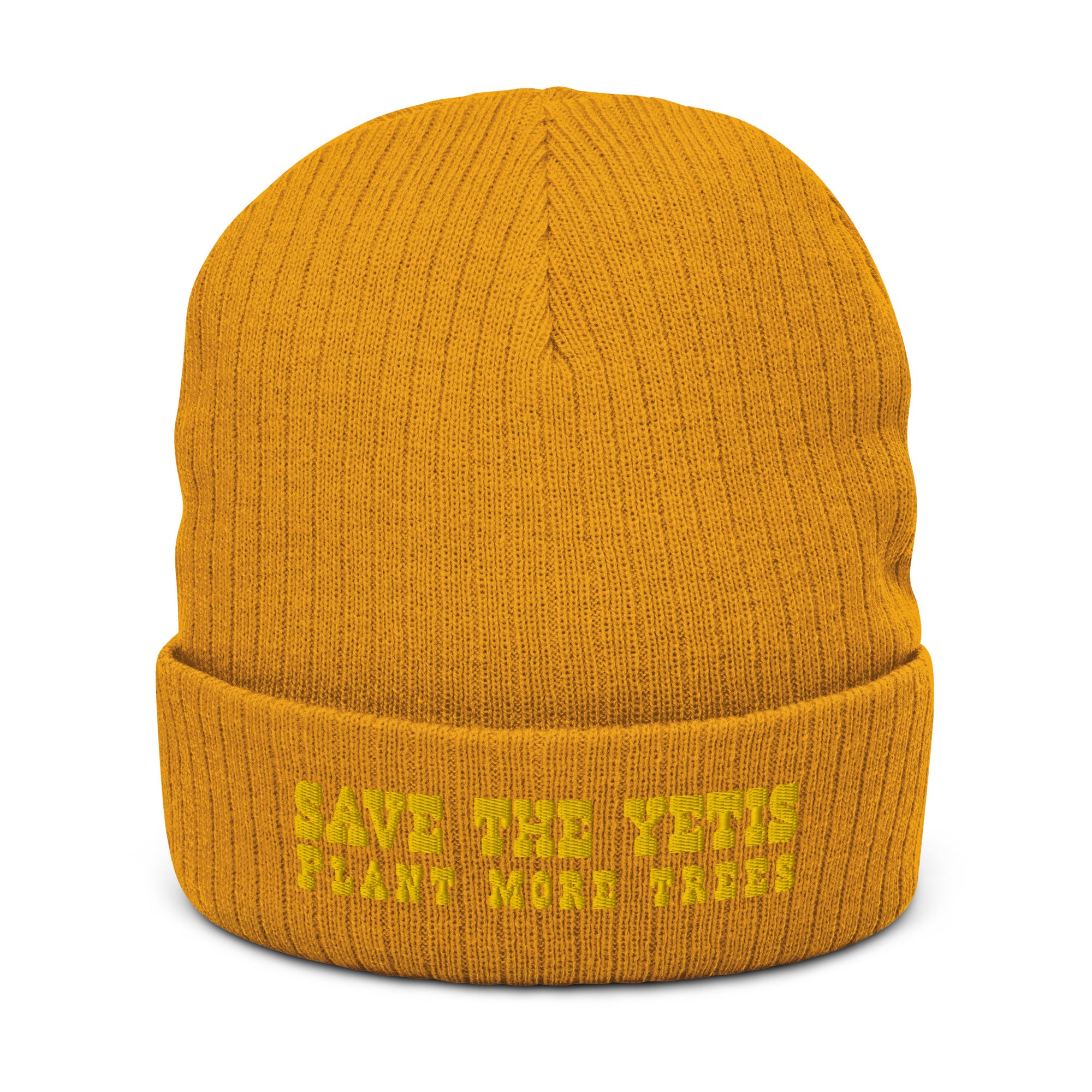 Eco ribbed knit beanie Save the Yetis, Plant more Trees Gold
