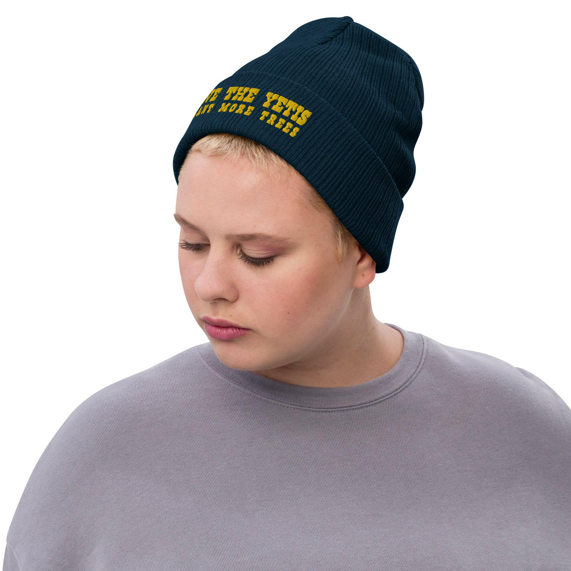 Eco ribbed knit beanie Save the Yetis, Plant more Trees Gold