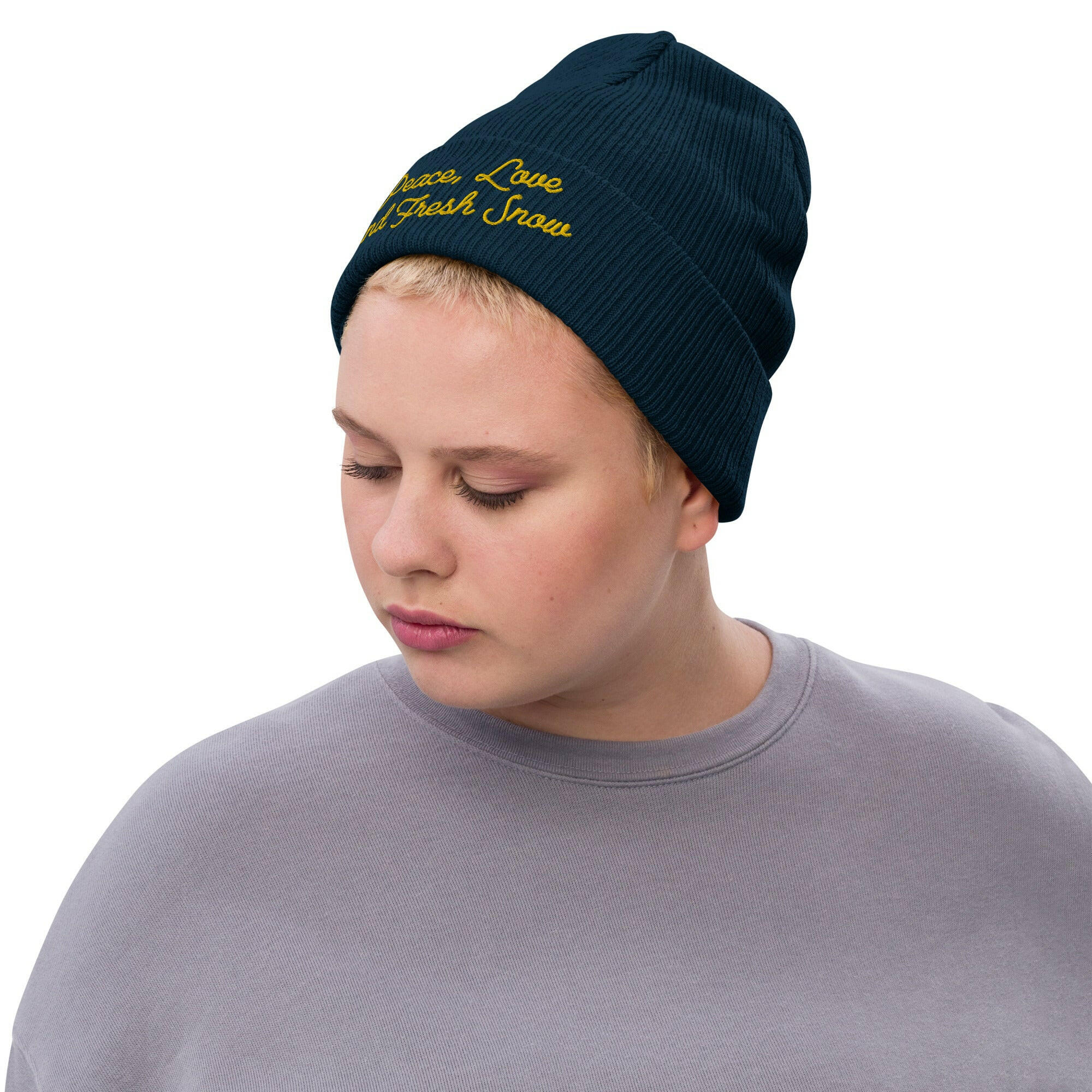Bonnet éco-responsable en tricot côtelé Peace, Love and Fresh Snow Gold