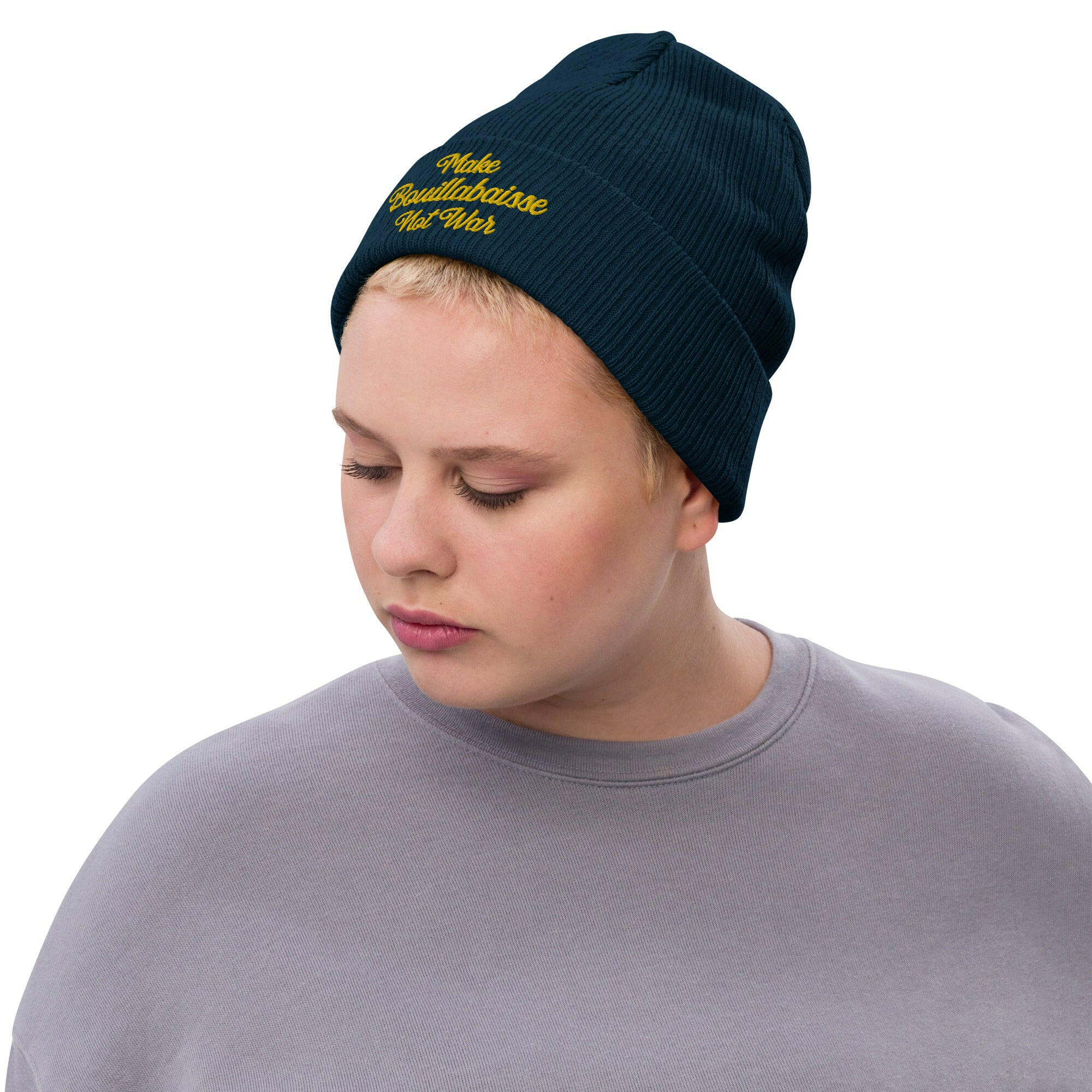 Eco ribbed knit beanie Make Bouillabaisse Not War Gold