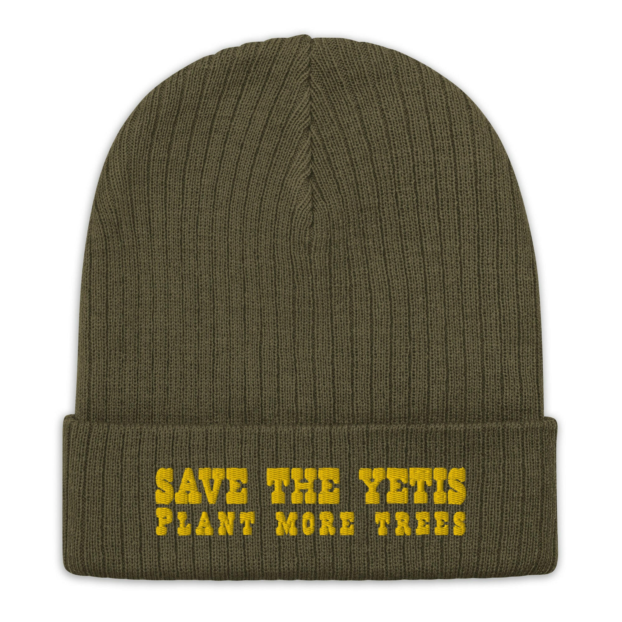 Eco ribbed knit beanie Save the Yetis, Plant more Trees Gold