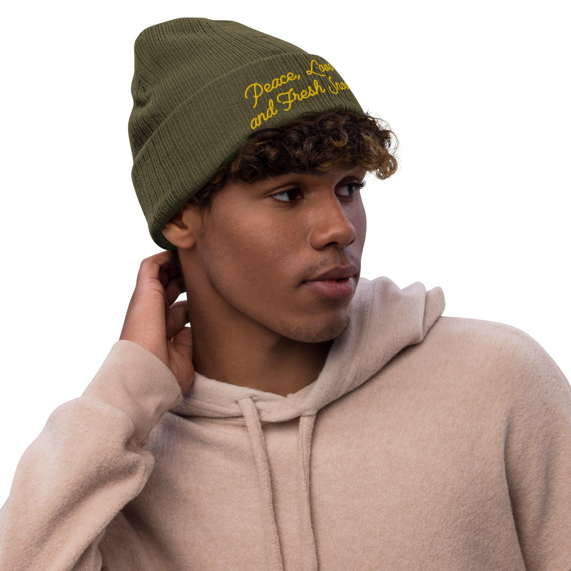 Bonnet éco-responsable en tricot côtelé Peace, Love and Fresh Snow Gold
