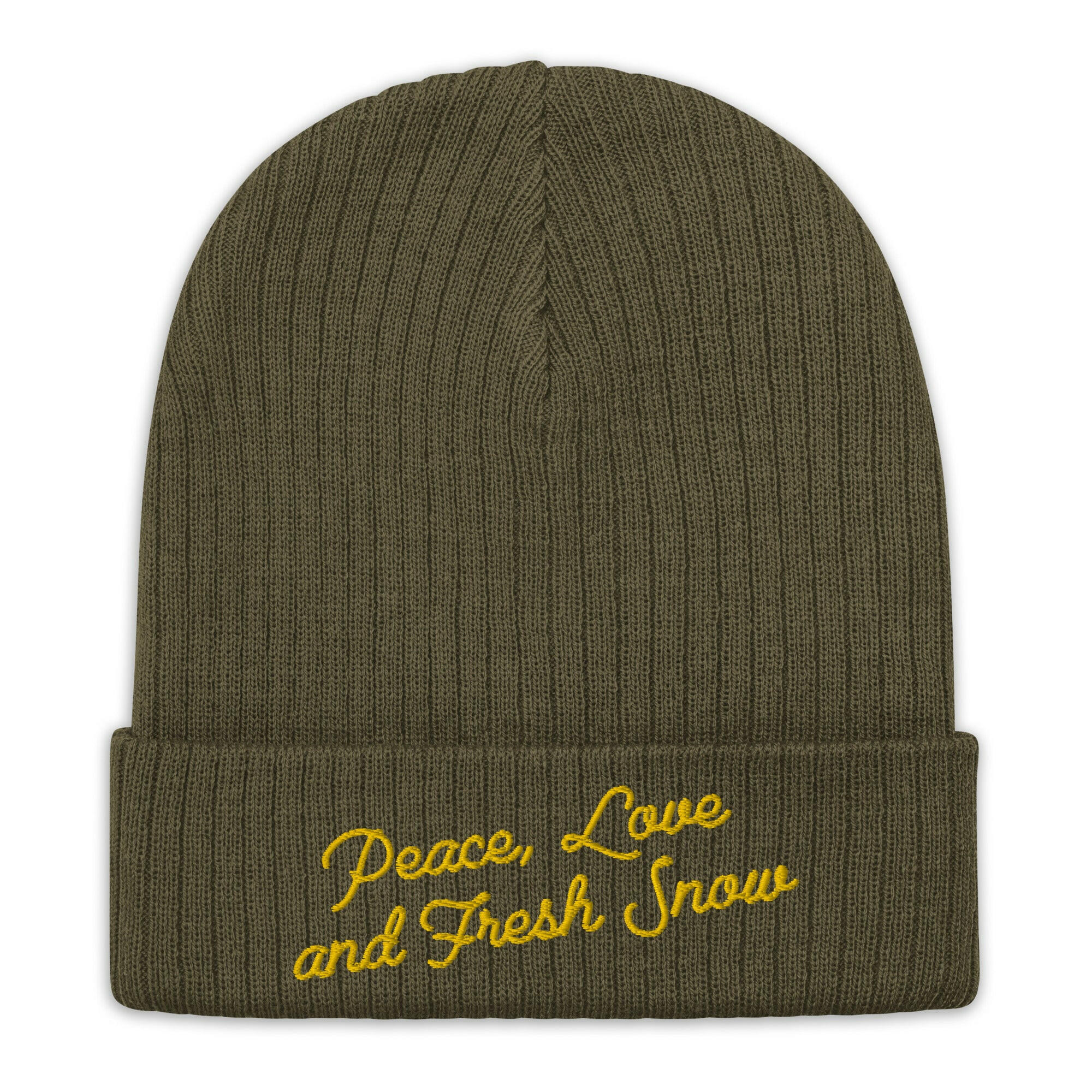 Bonnet éco-responsable en tricot côtelé Peace, Love and Fresh Snow Gold