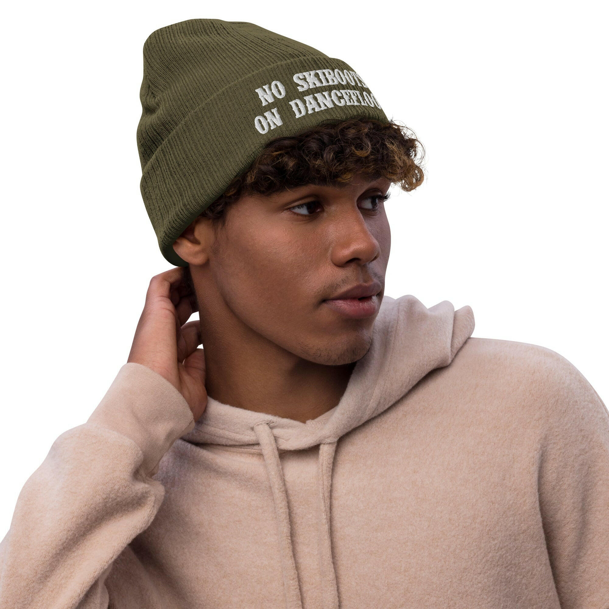 Bonnet éco-responsable en tricot côtelé No Skiboots on Dancefloor blanc