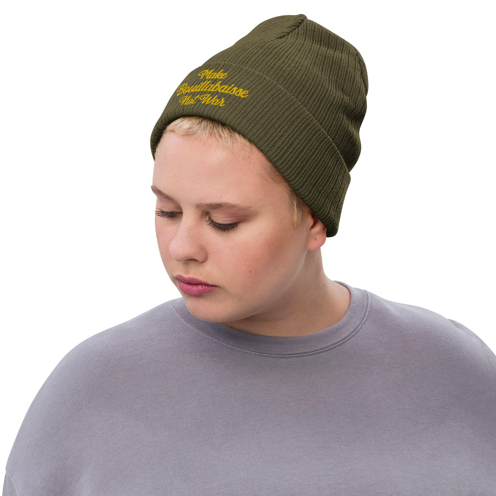 Eco ribbed knit beanie Make Bouillabaisse Not War Gold