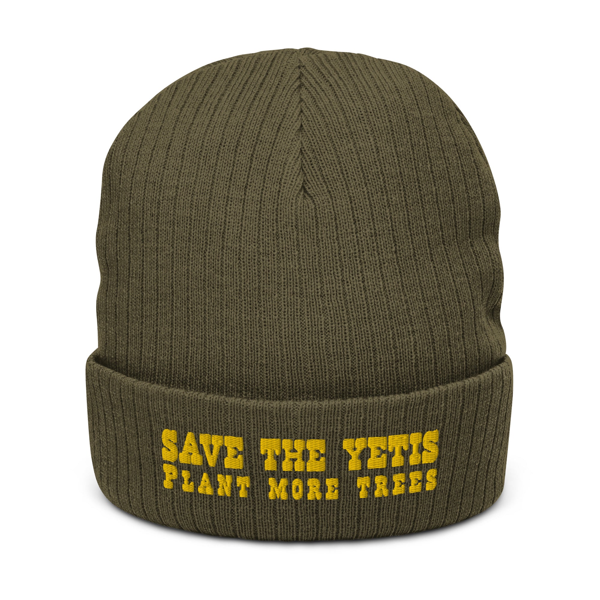 Eco ribbed knit beanie Save the Yetis, Plant more Trees Gold