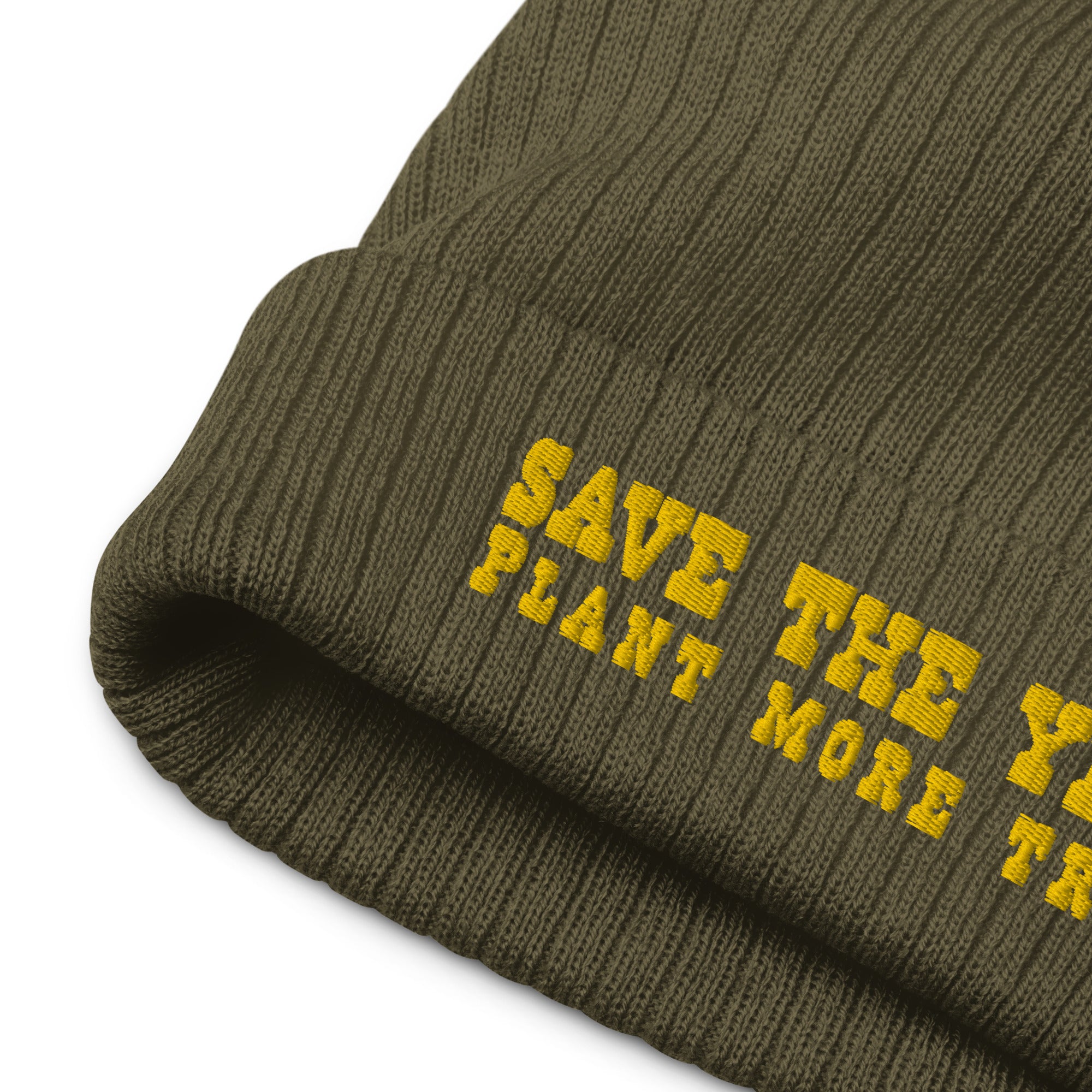Eco ribbed knit beanie Save the Yetis, Plant more Trees Gold