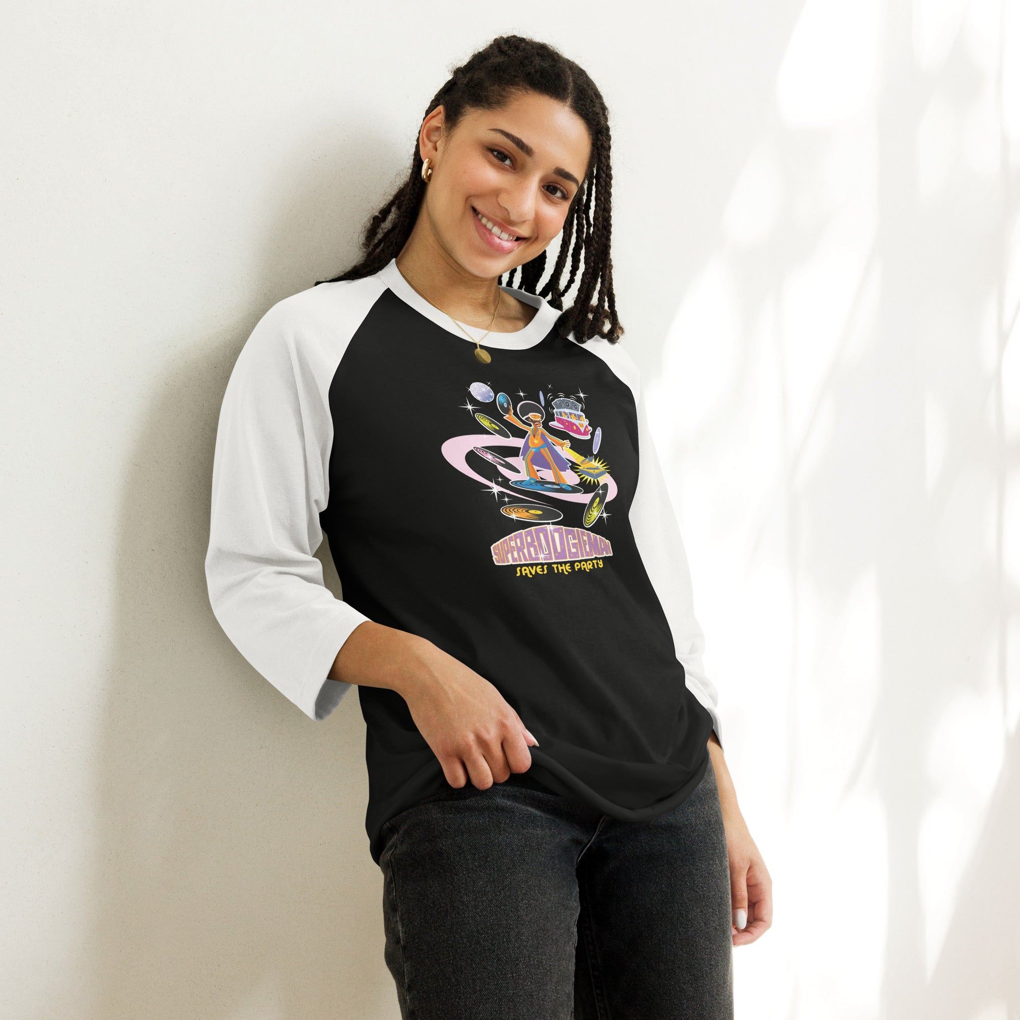 3/4 sleeve raglan t-shirt Superboogieman Saves the Party