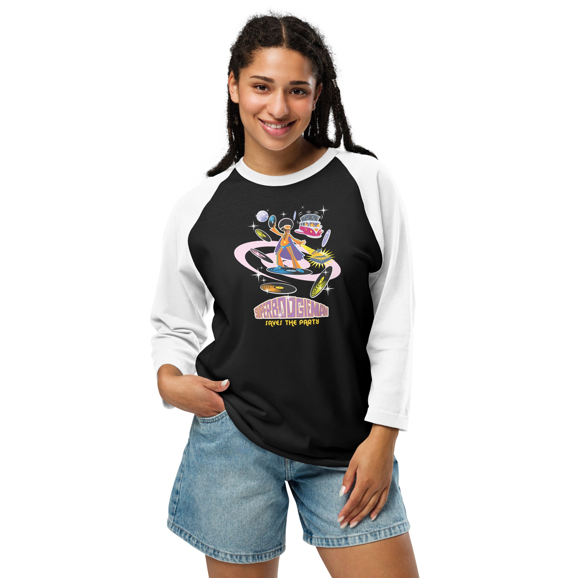 3/4 sleeve raglan t-shirt Superboogieman Saves the Party