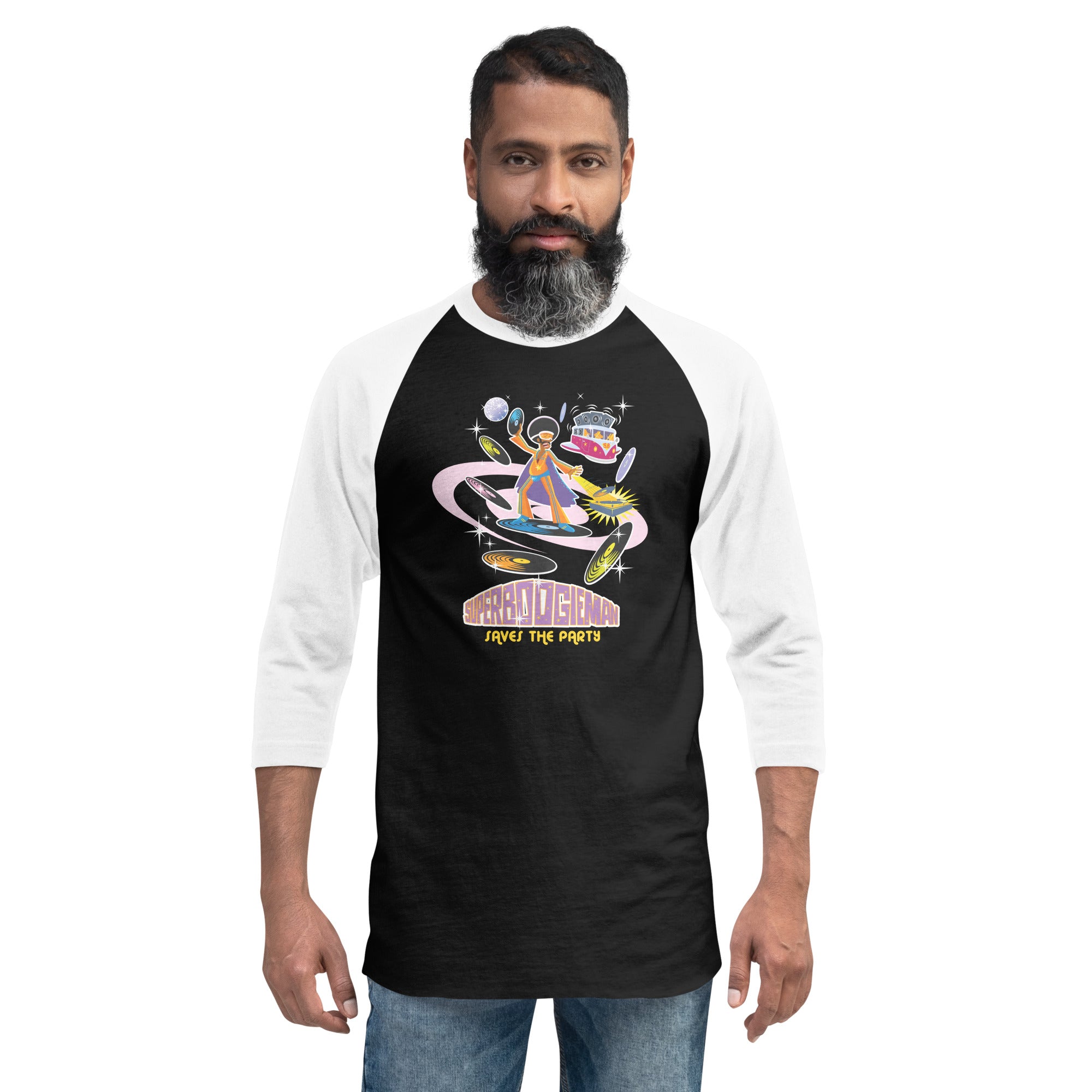 3/4 sleeve raglan t-shirt Superboogieman Saves the Party