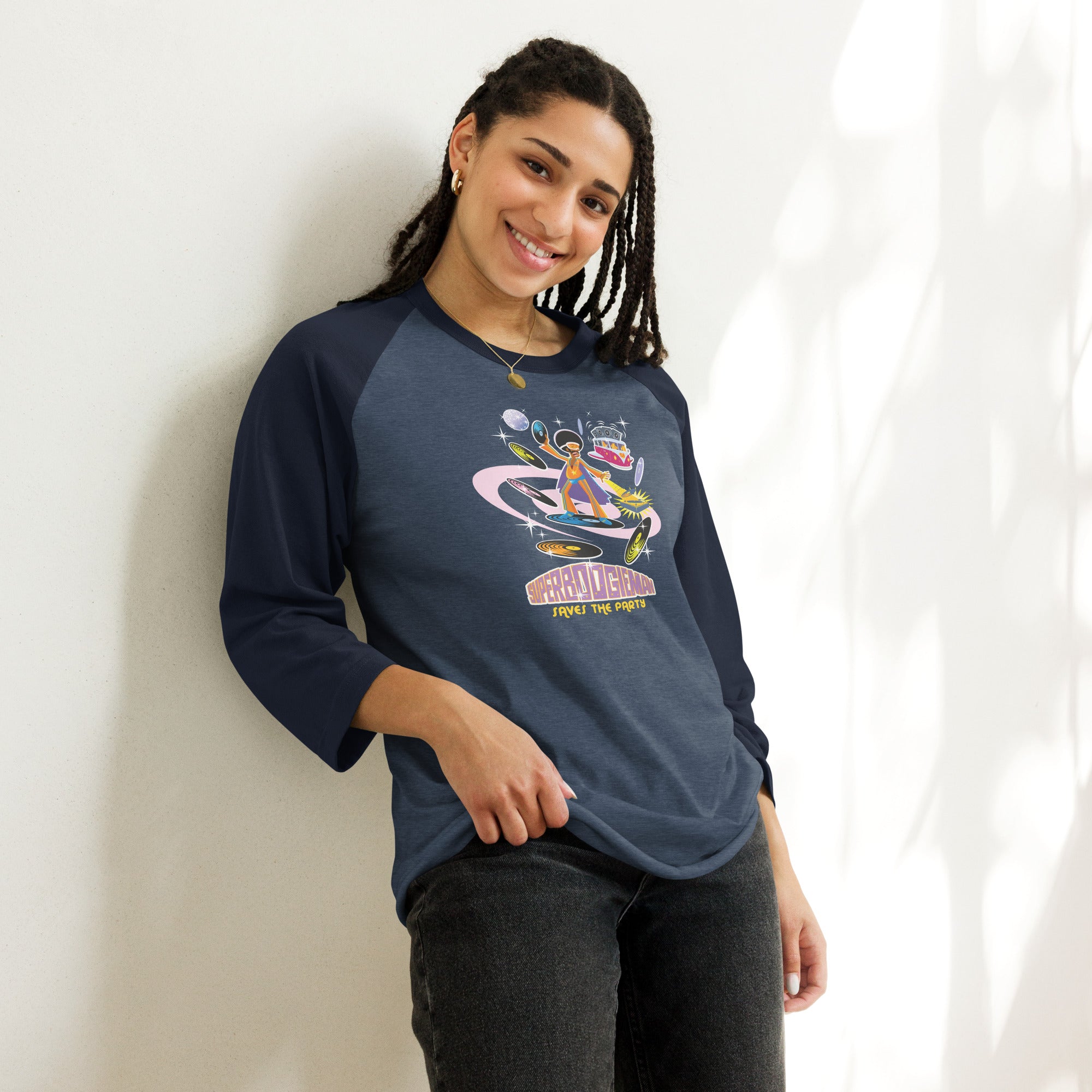 3/4 sleeve raglan t-shirt Superboogieman Saves the Party