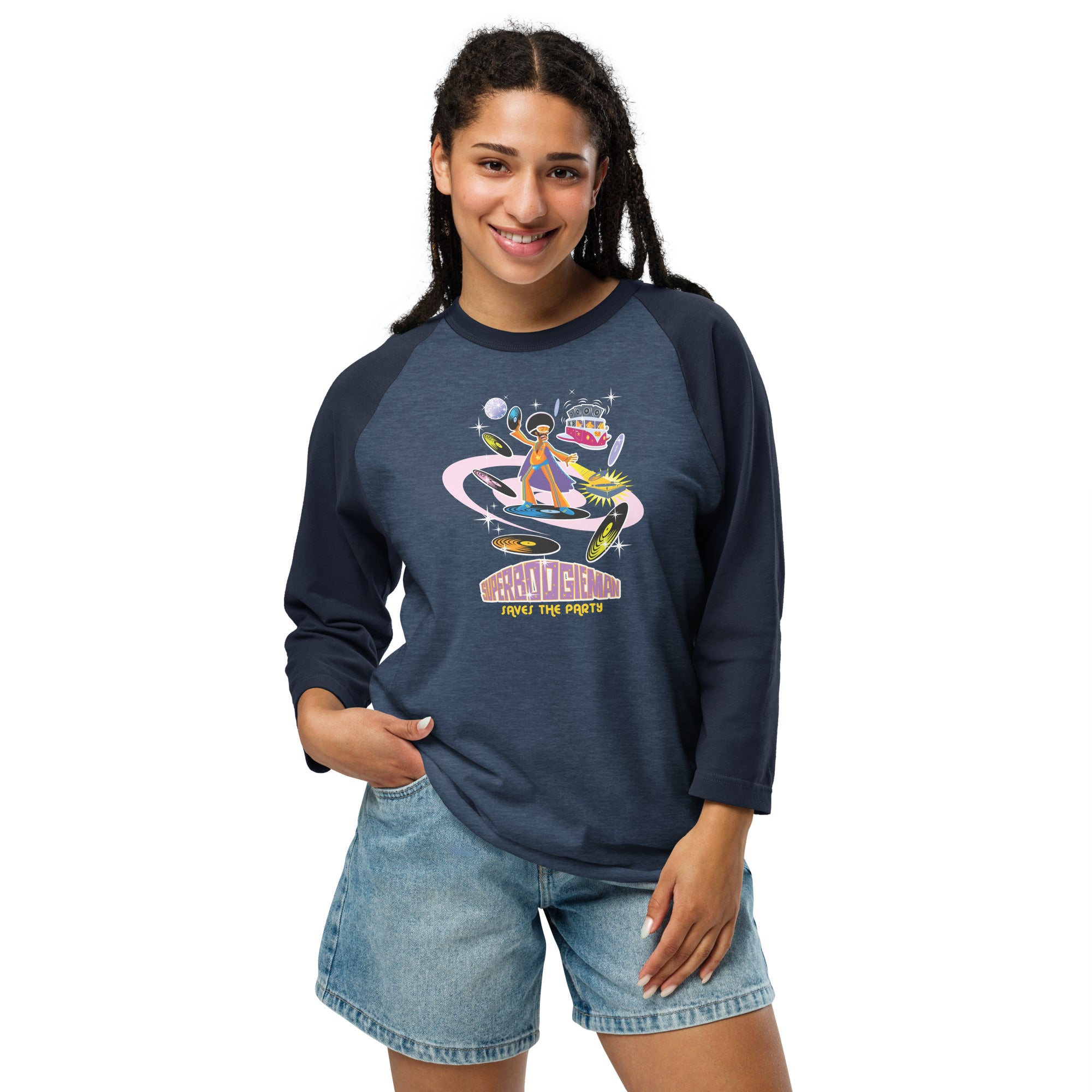 3/4 sleeve raglan t-shirt Superboogieman Saves the Party