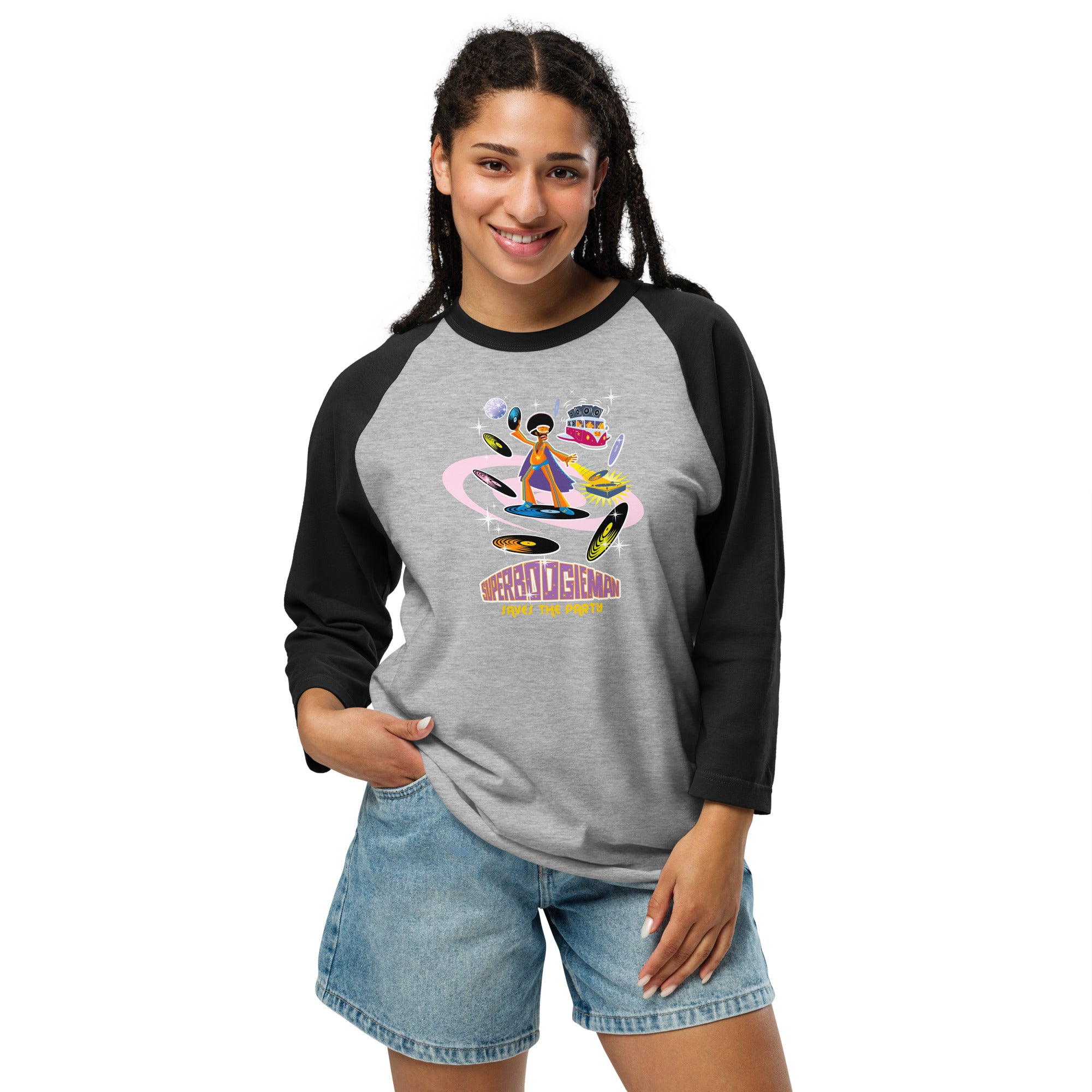 3/4 sleeve raglan t-shirt Superboogieman Saves the Party