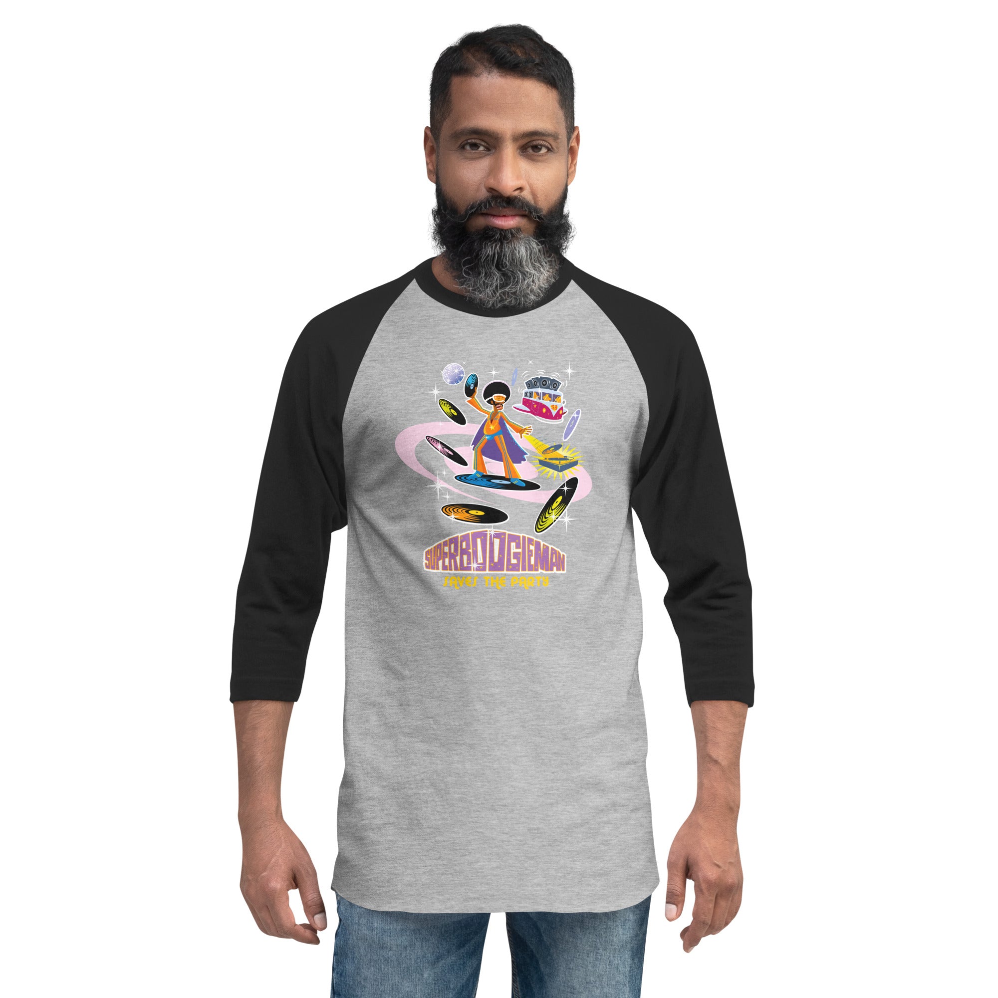 3/4 sleeve raglan t-shirt Superboogieman Saves the Party