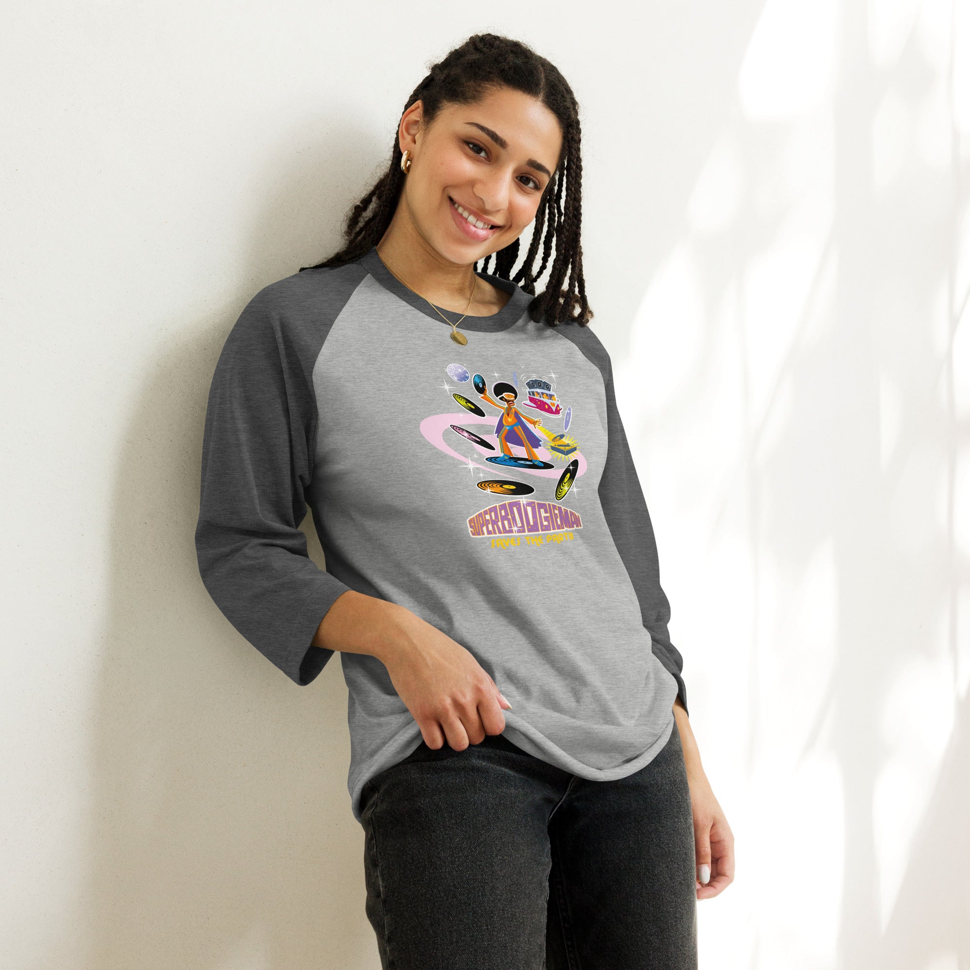 3/4 sleeve raglan t-shirt Superboogieman Saves the Party