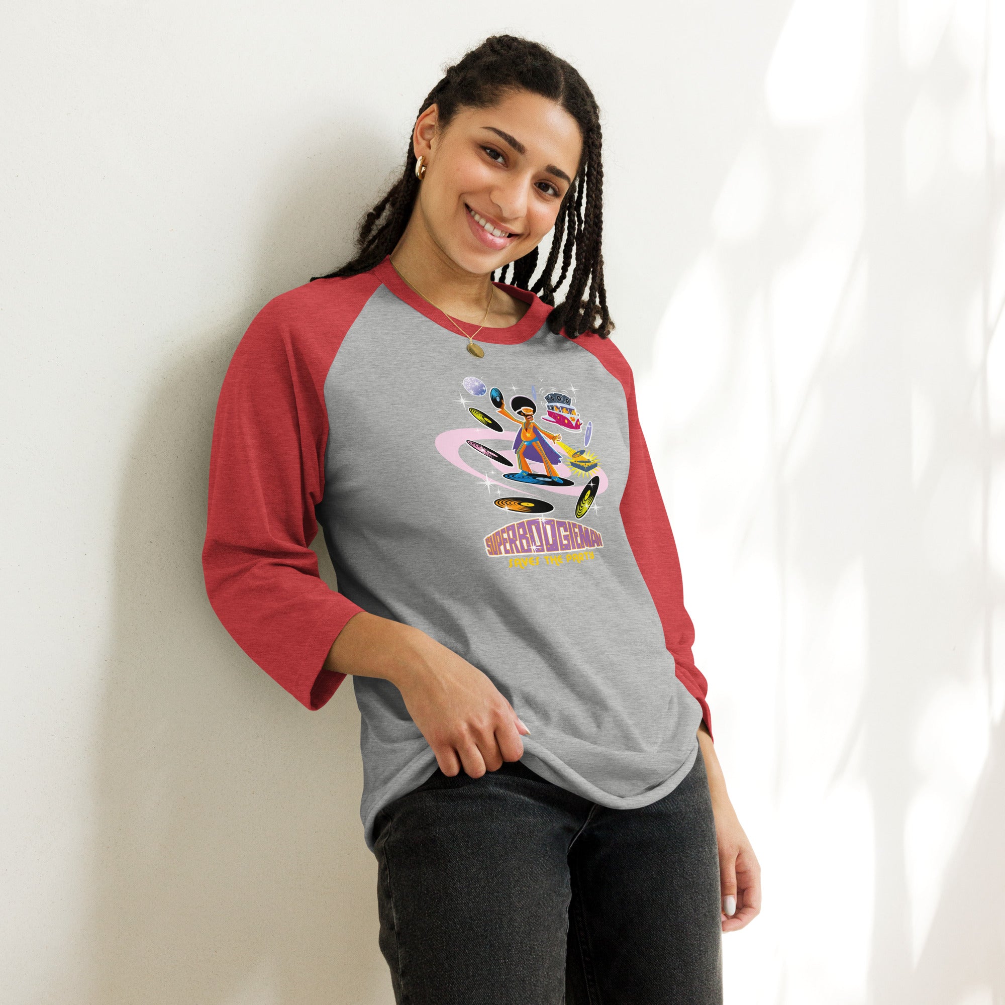 3/4 sleeve raglan t-shirt Superboogieman Saves the Party