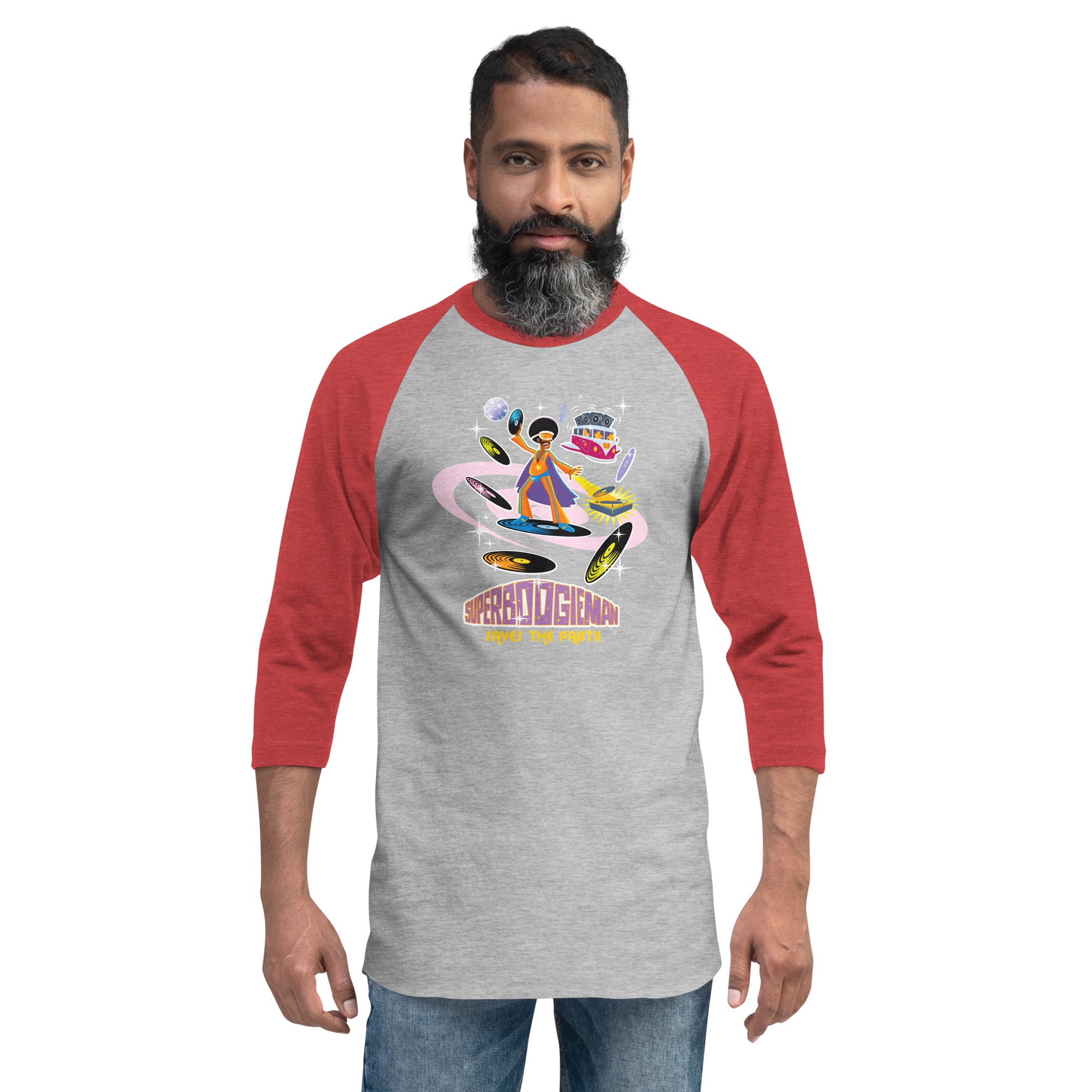 3/4 sleeve raglan t-shirt Superboogieman Saves the Party