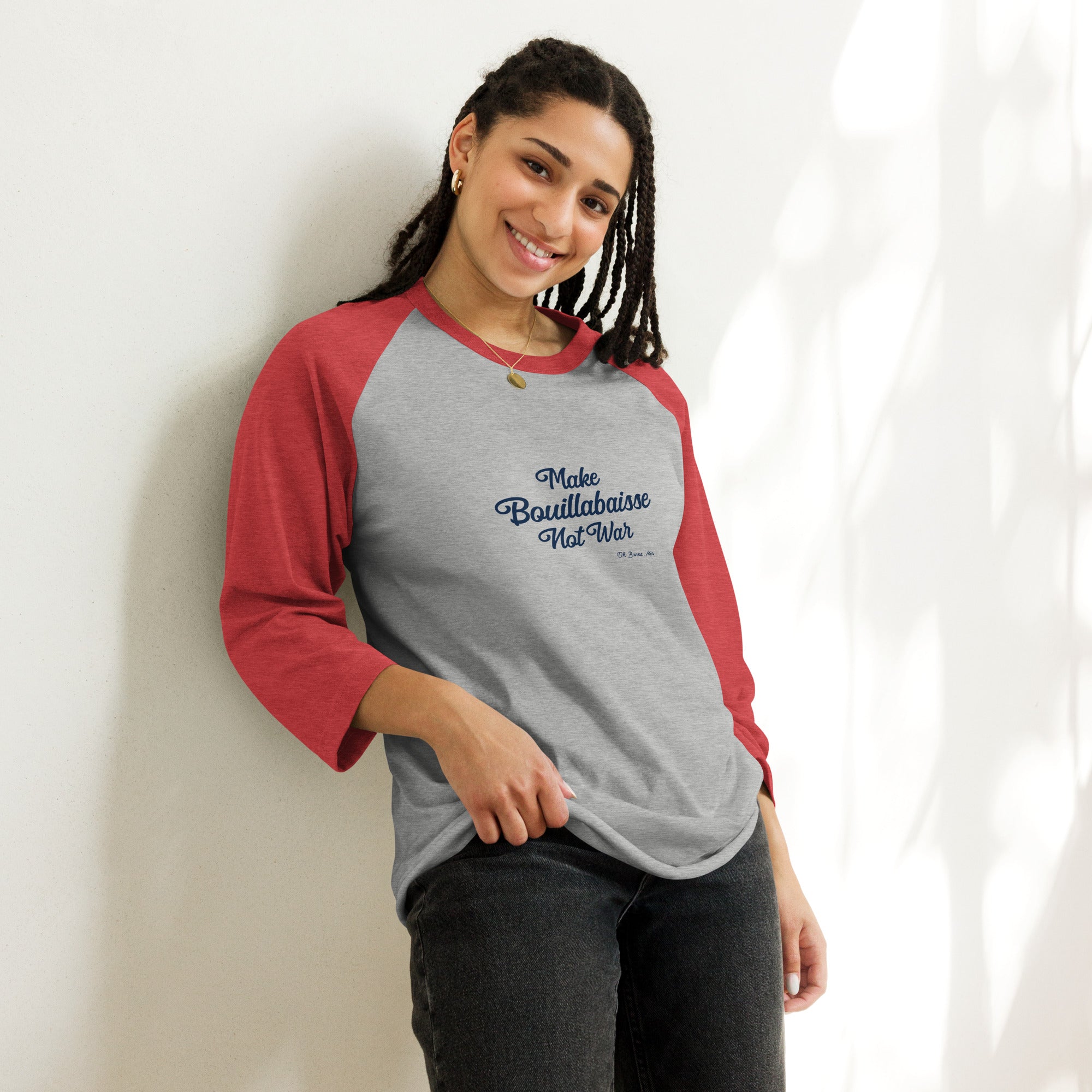 T-shirt à manches Raglan 3/4 Make Bouillabaisse Not War Text Only Navy