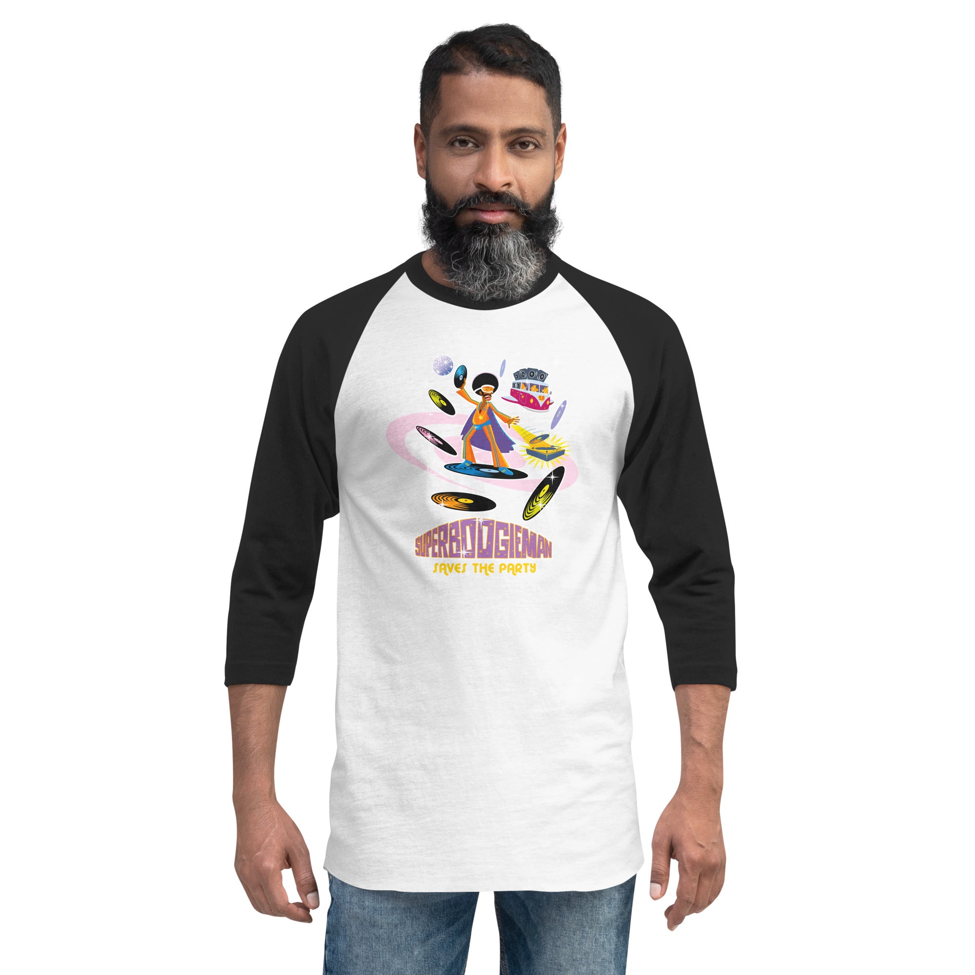 3/4 sleeve raglan t-shirt Superboogieman Saves the Party