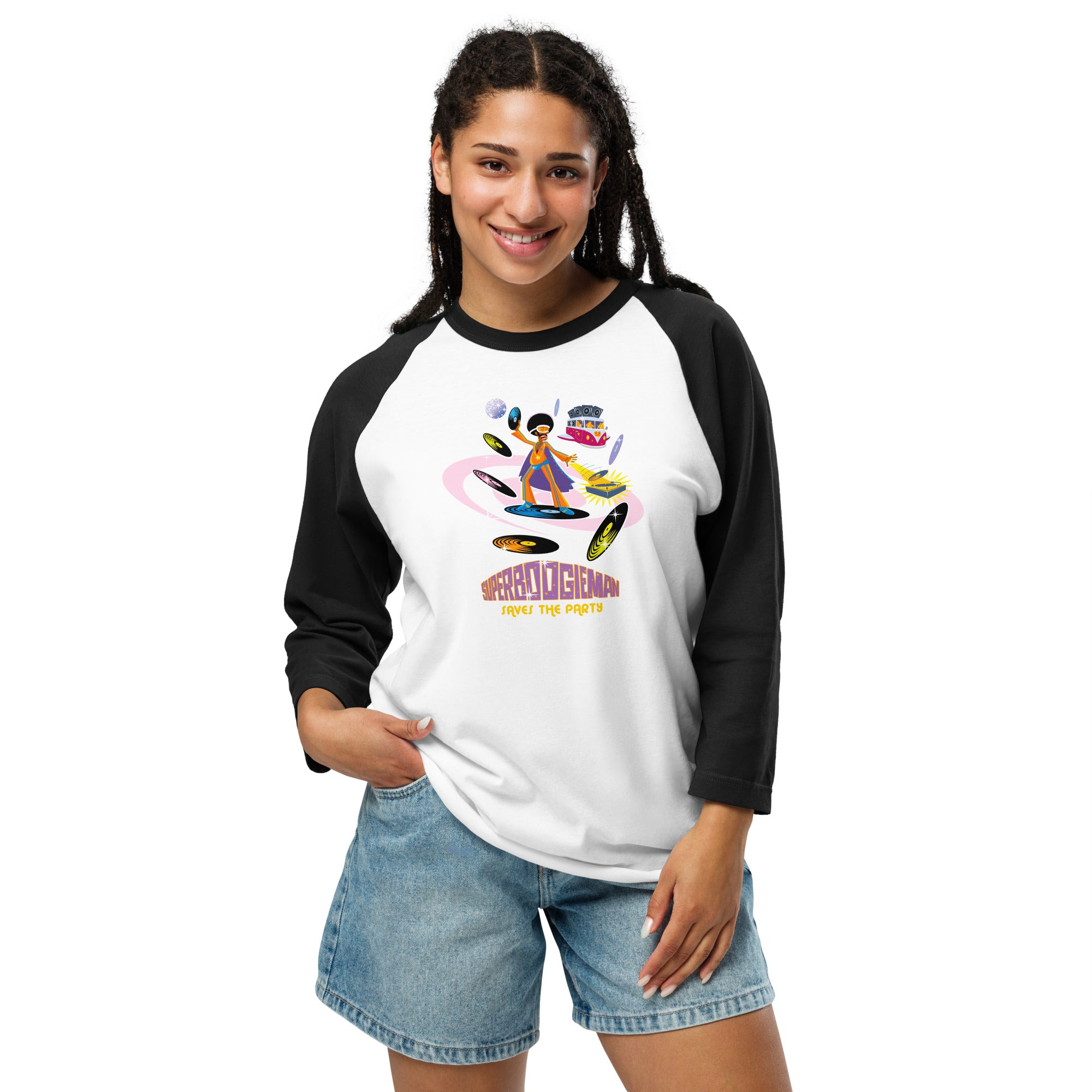 3/4 sleeve raglan t-shirt Superboogieman Saves the Party