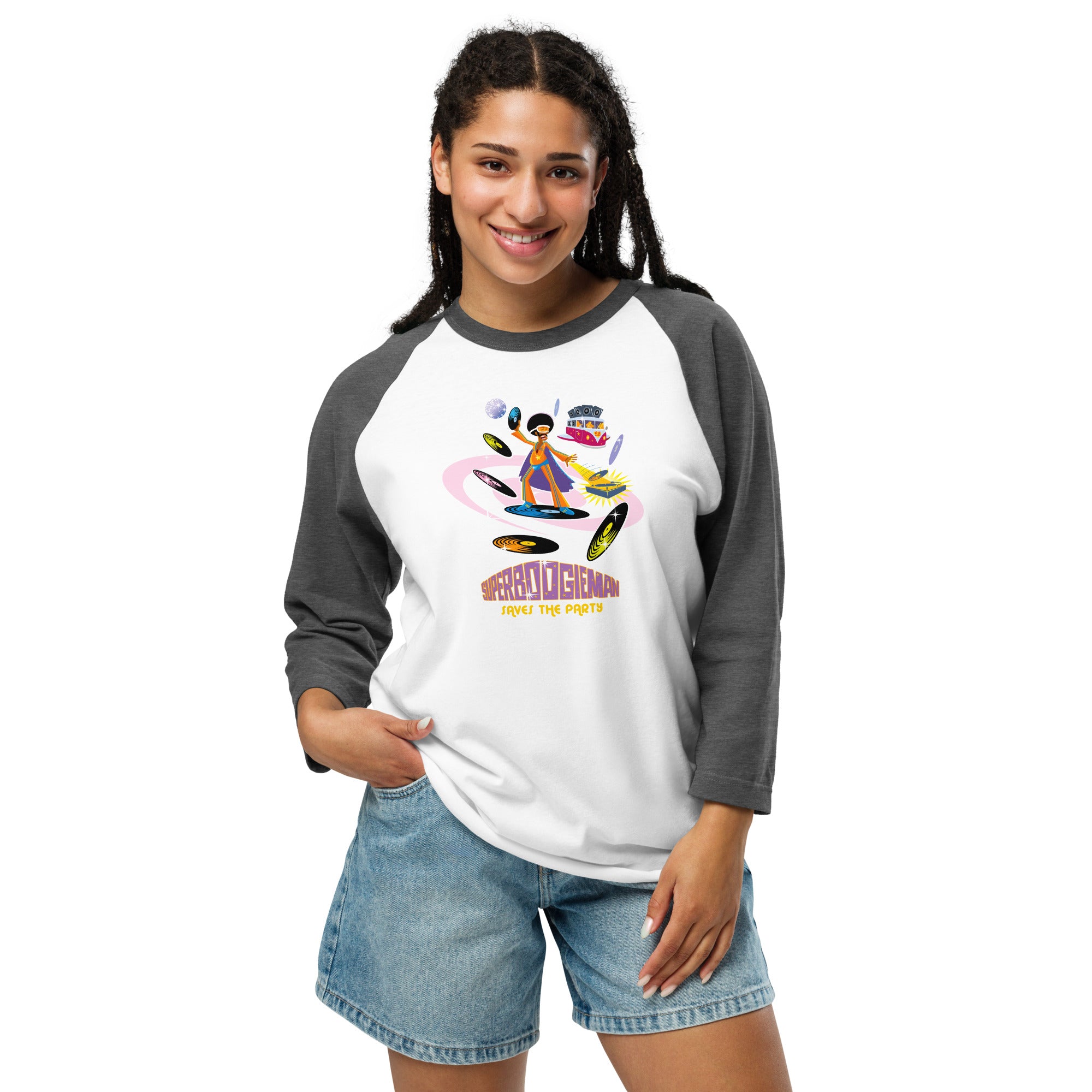 3/4 sleeve raglan t-shirt Superboogieman Saves the Party