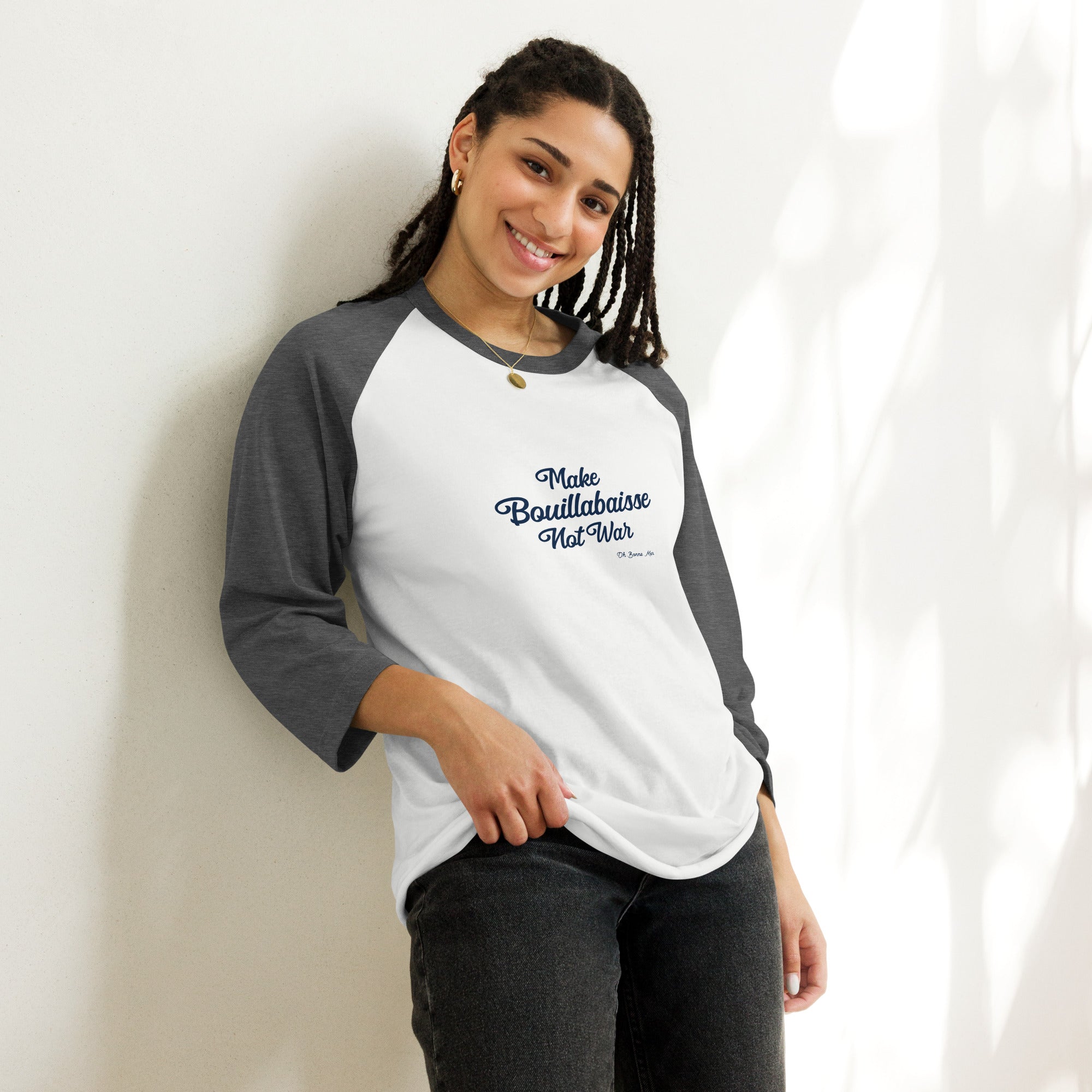 T-shirt à manches Raglan 3/4 Make Bouillabaisse Not War Text Only Navy