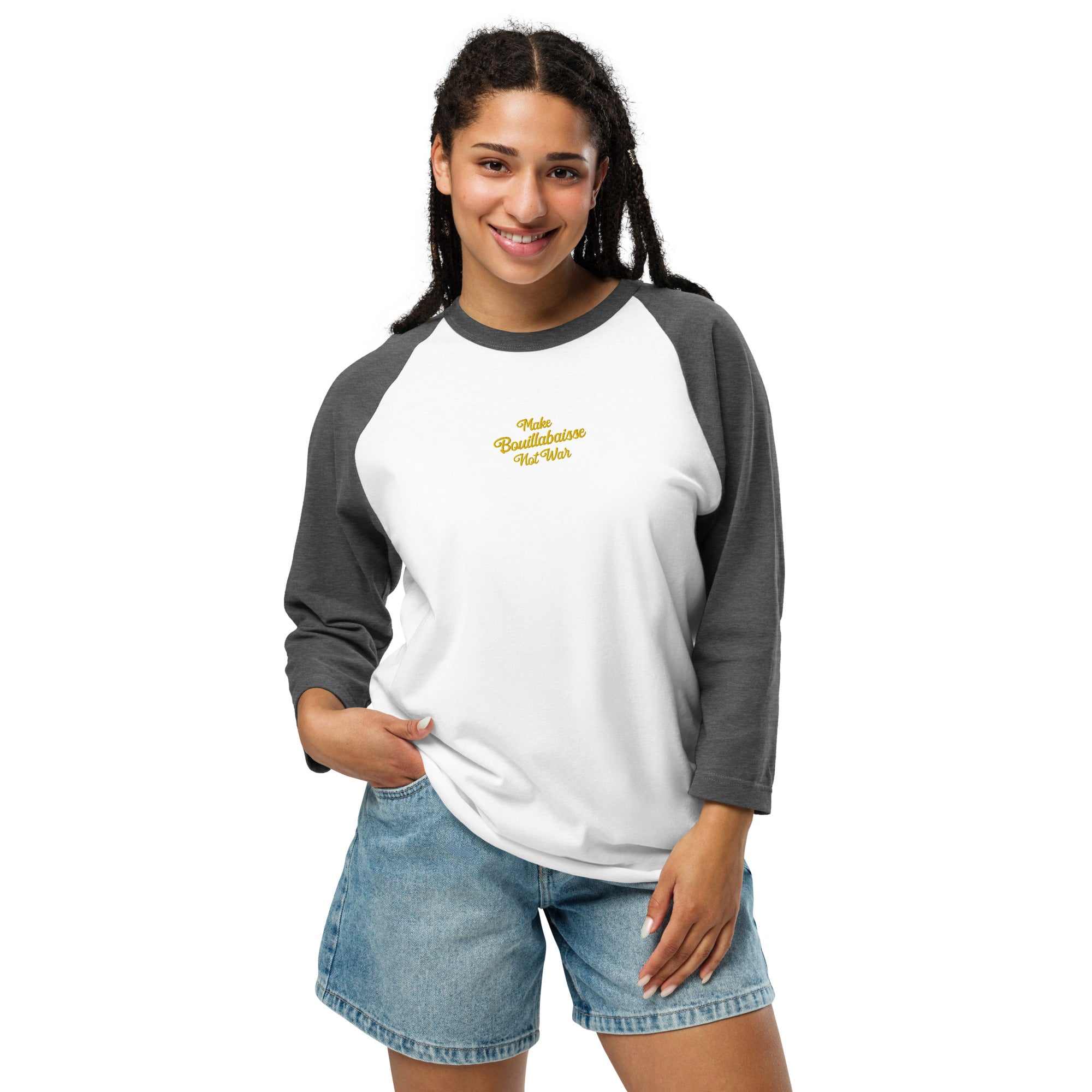 T-shirt à manches Raglan 3/4 Make Bouillabaisse Not War brodé gold