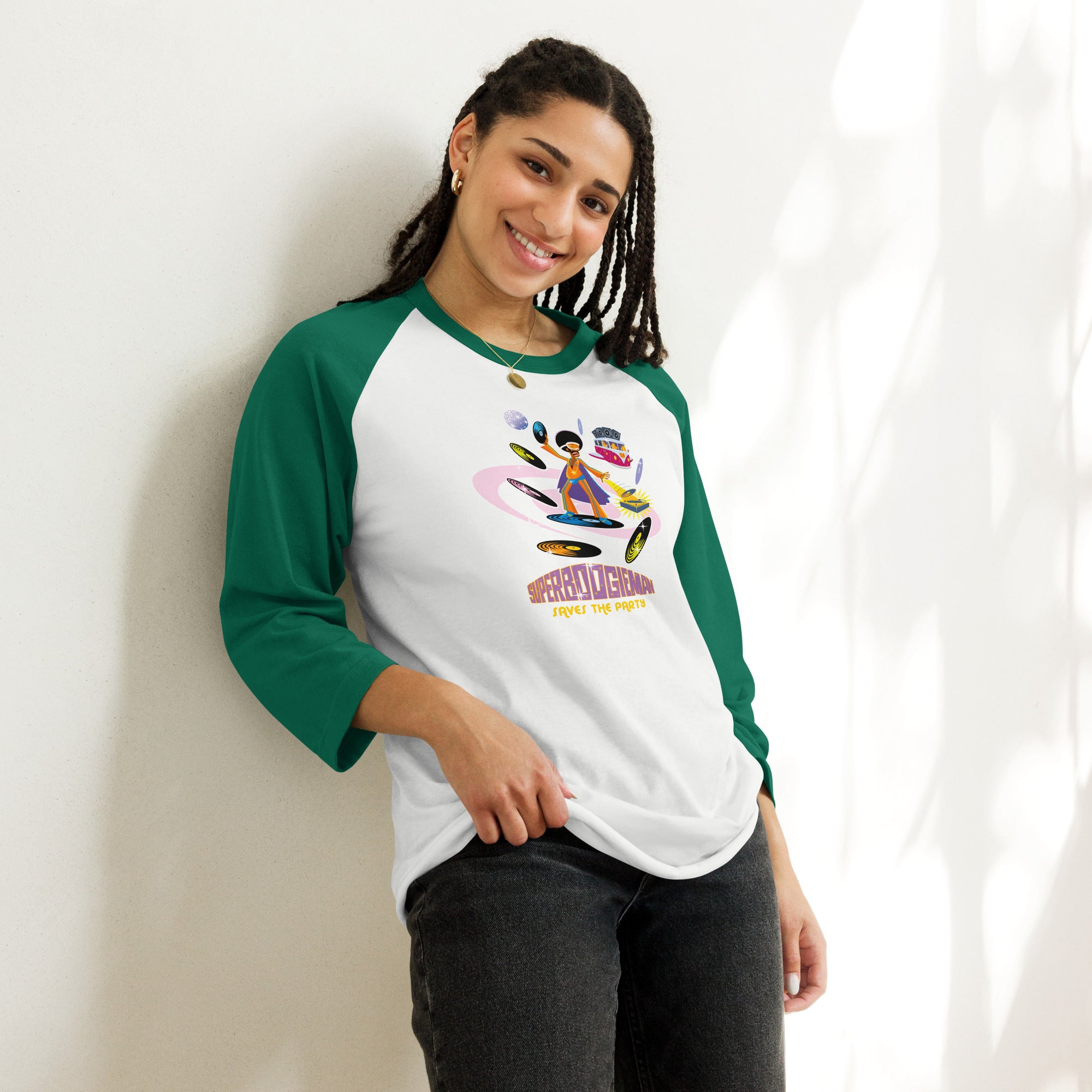 3/4 sleeve raglan t-shirt Superboogieman Saves the Party