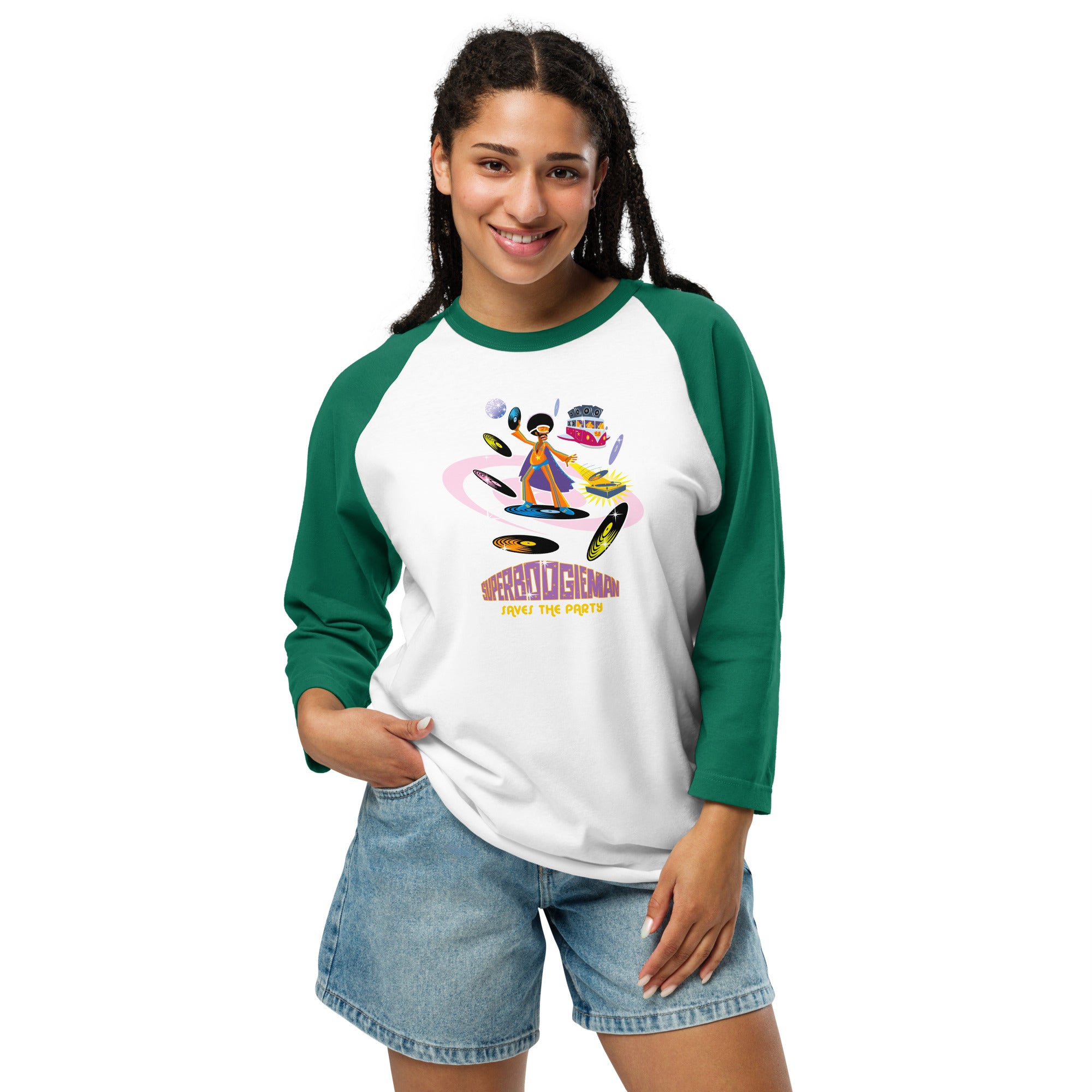 3/4 sleeve raglan t-shirt Superboogieman Saves the Party