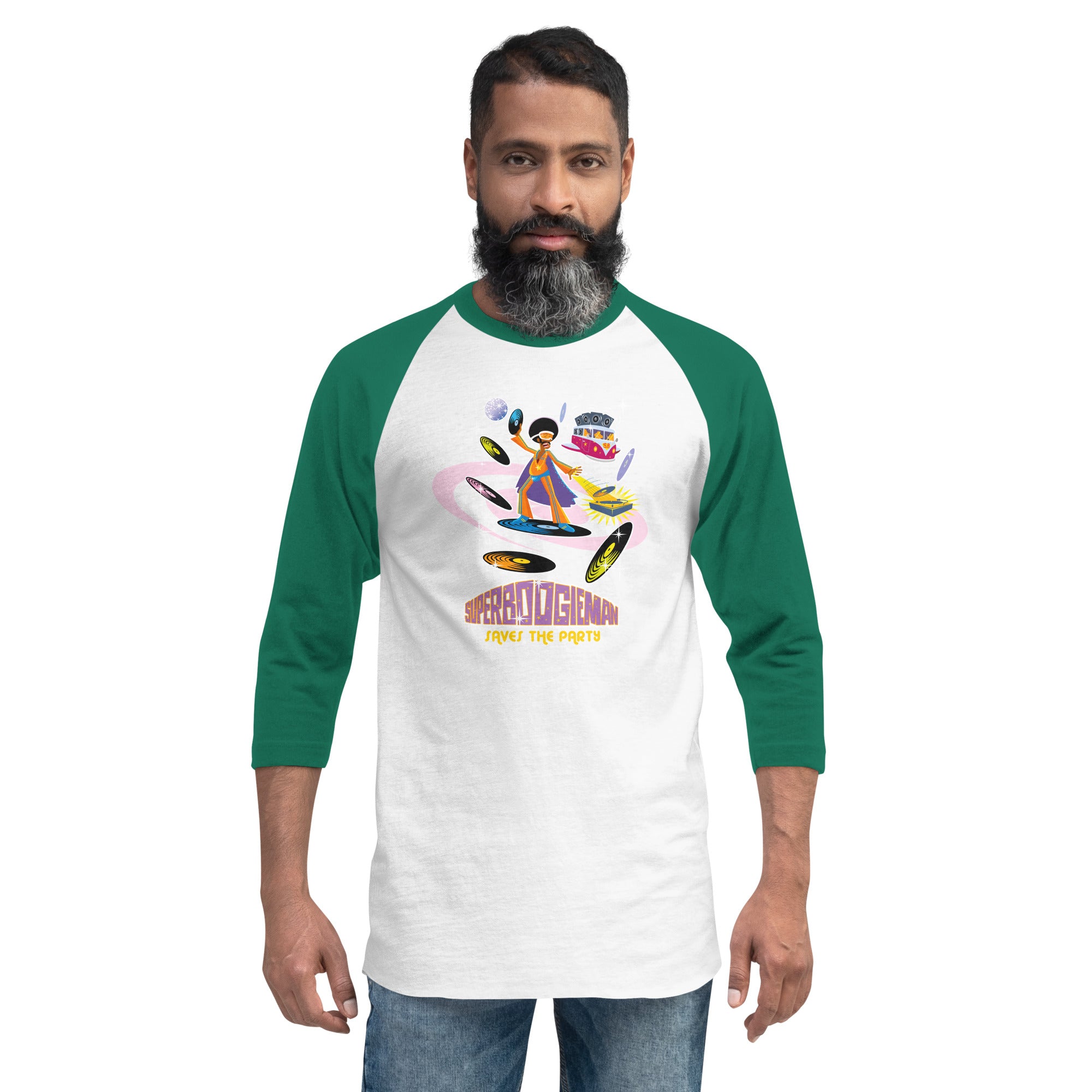 3/4 sleeve raglan t-shirt Superboogieman Saves the Party