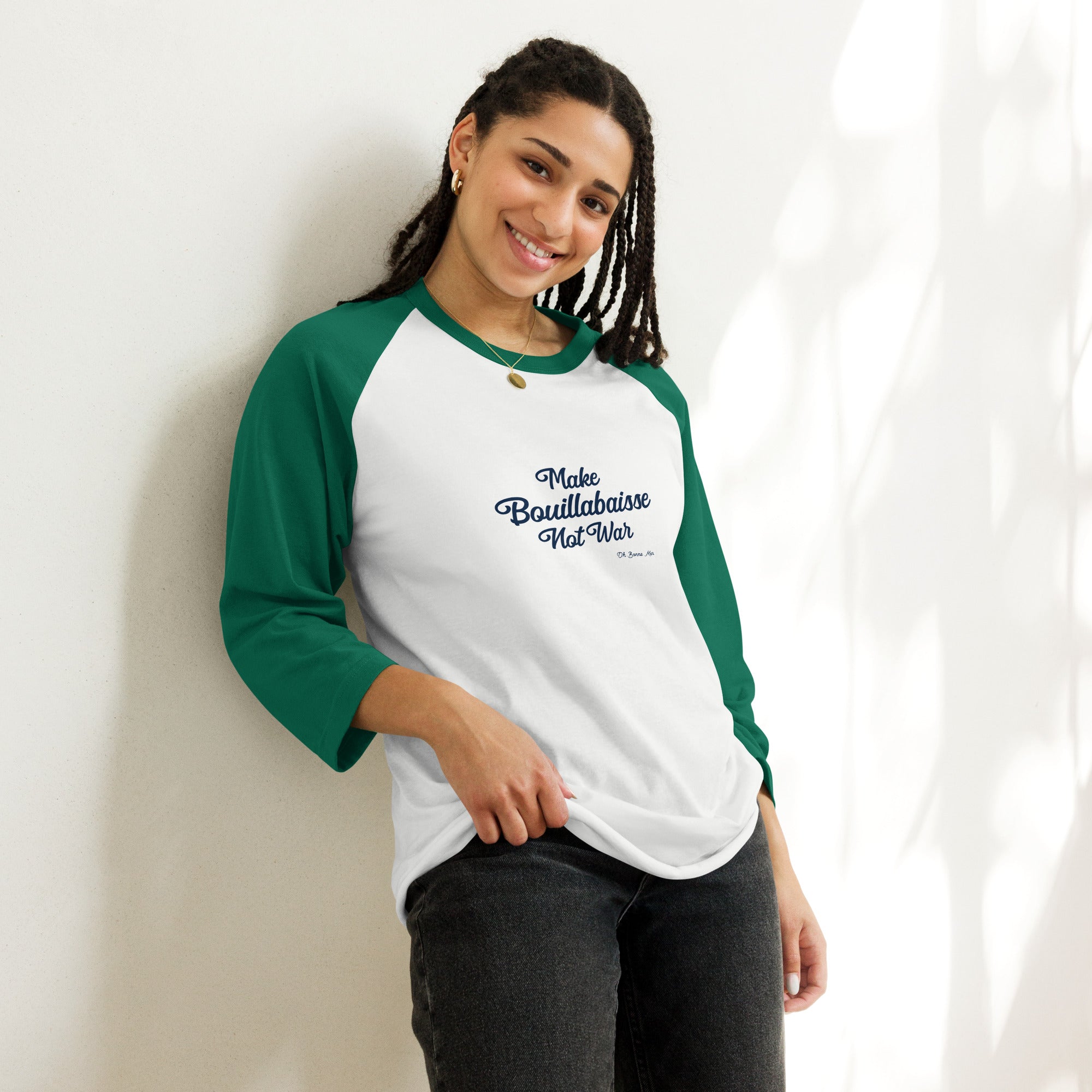 T-shirt à manches Raglan 3/4 Make Bouillabaisse Not War Text Only Navy