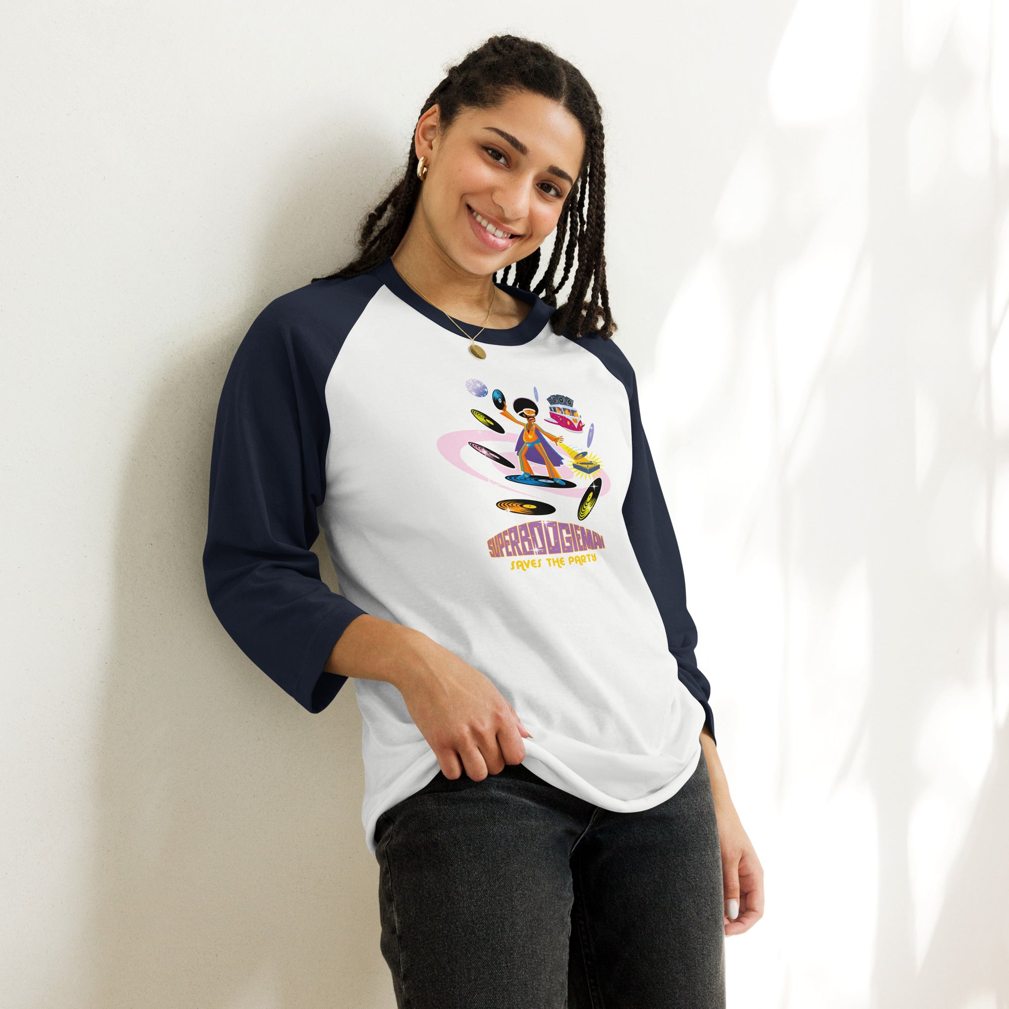 3/4 sleeve raglan t-shirt Superboogieman Saves the Party