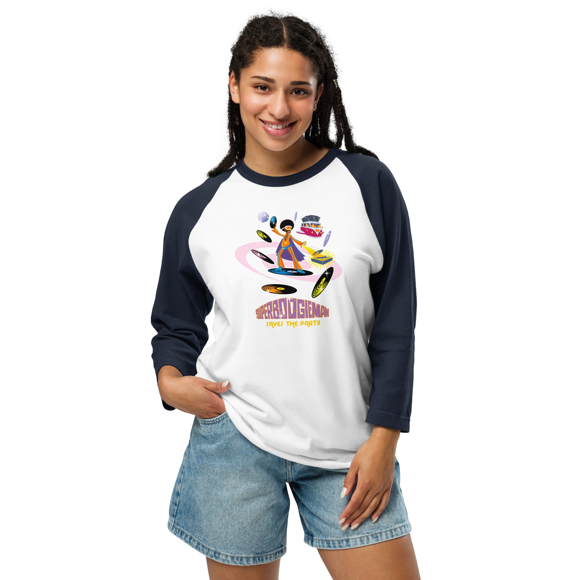 3/4 sleeve raglan t-shirt Superboogieman Saves the Party