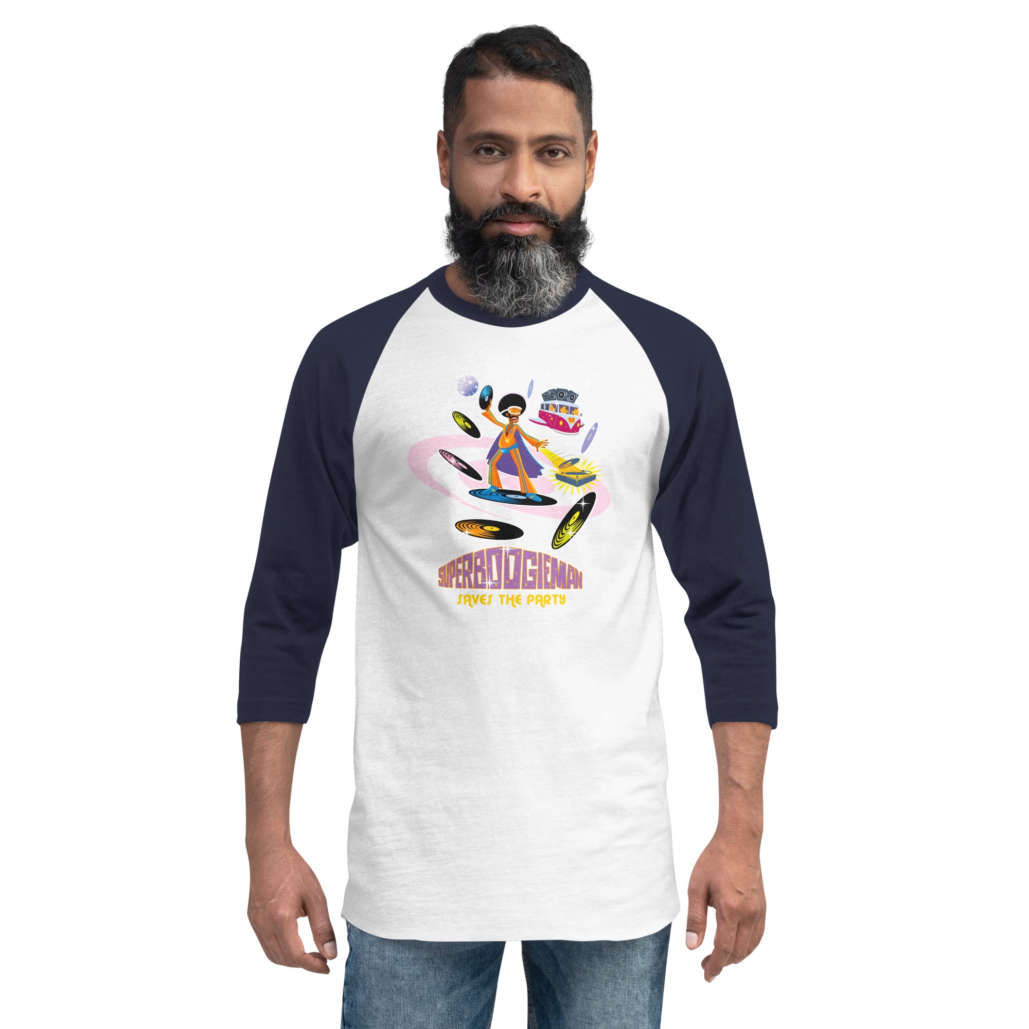 3/4 sleeve raglan t-shirt Superboogieman Saves the Party