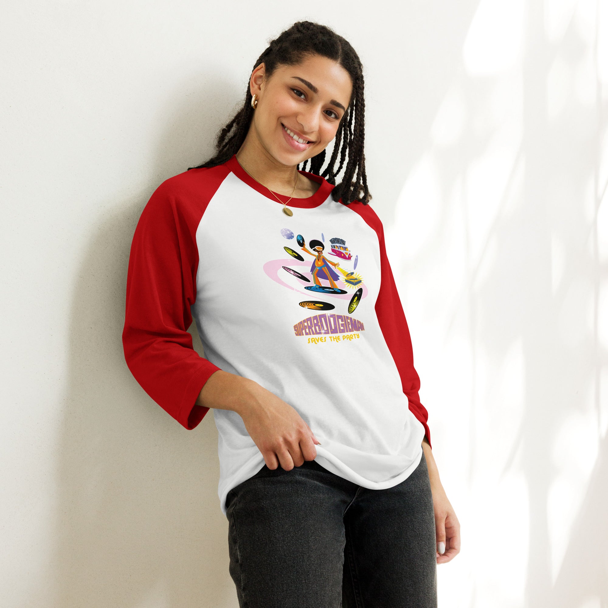 3/4 sleeve raglan t-shirt Superboogieman Saves the Party