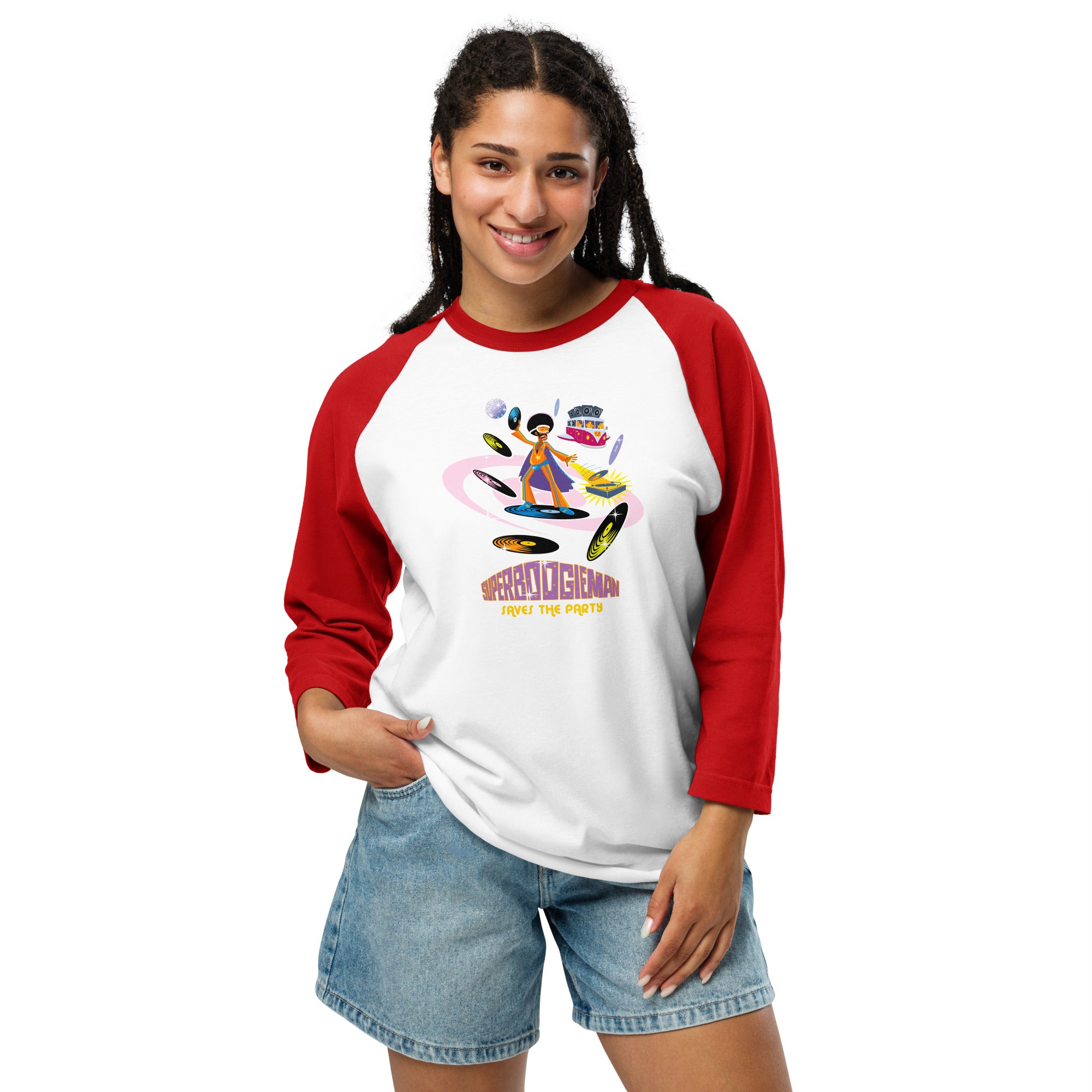 3/4 sleeve raglan t-shirt Superboogieman Saves the Party
