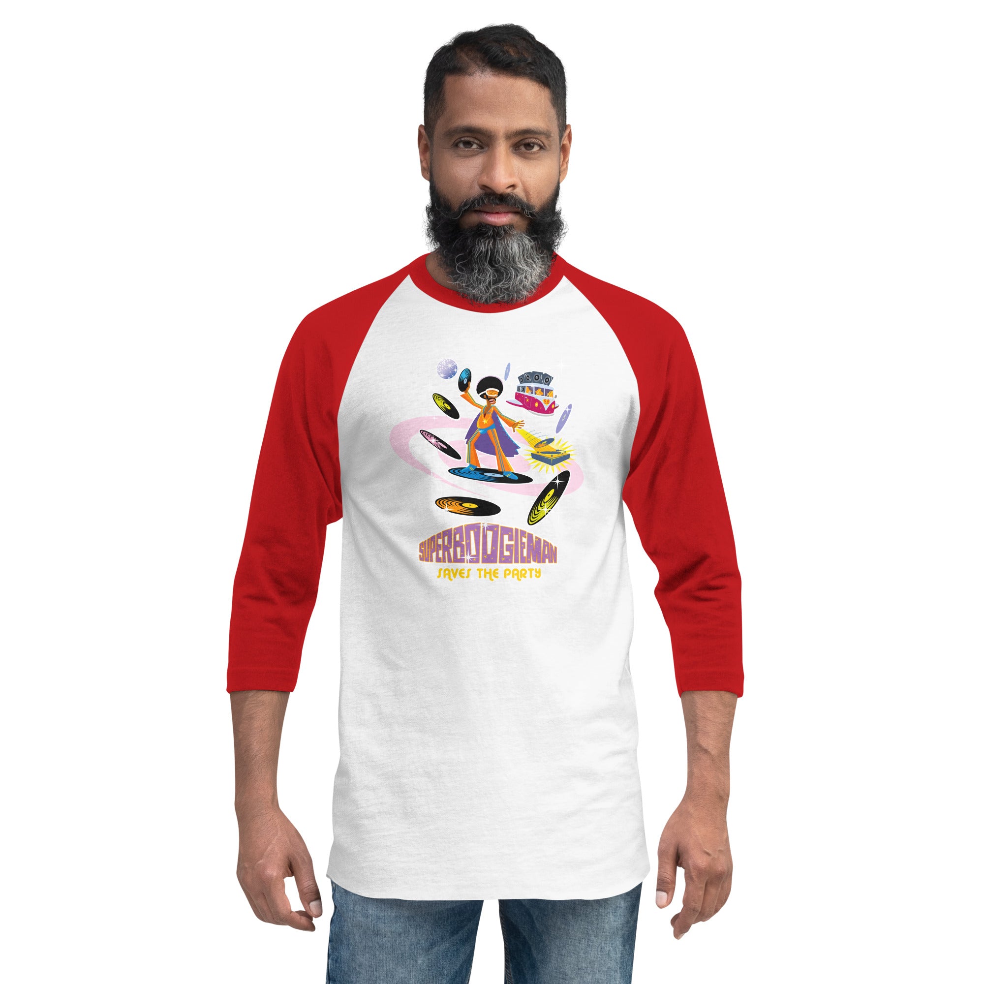 3/4 sleeve raglan t-shirt Superboogieman Saves the Party