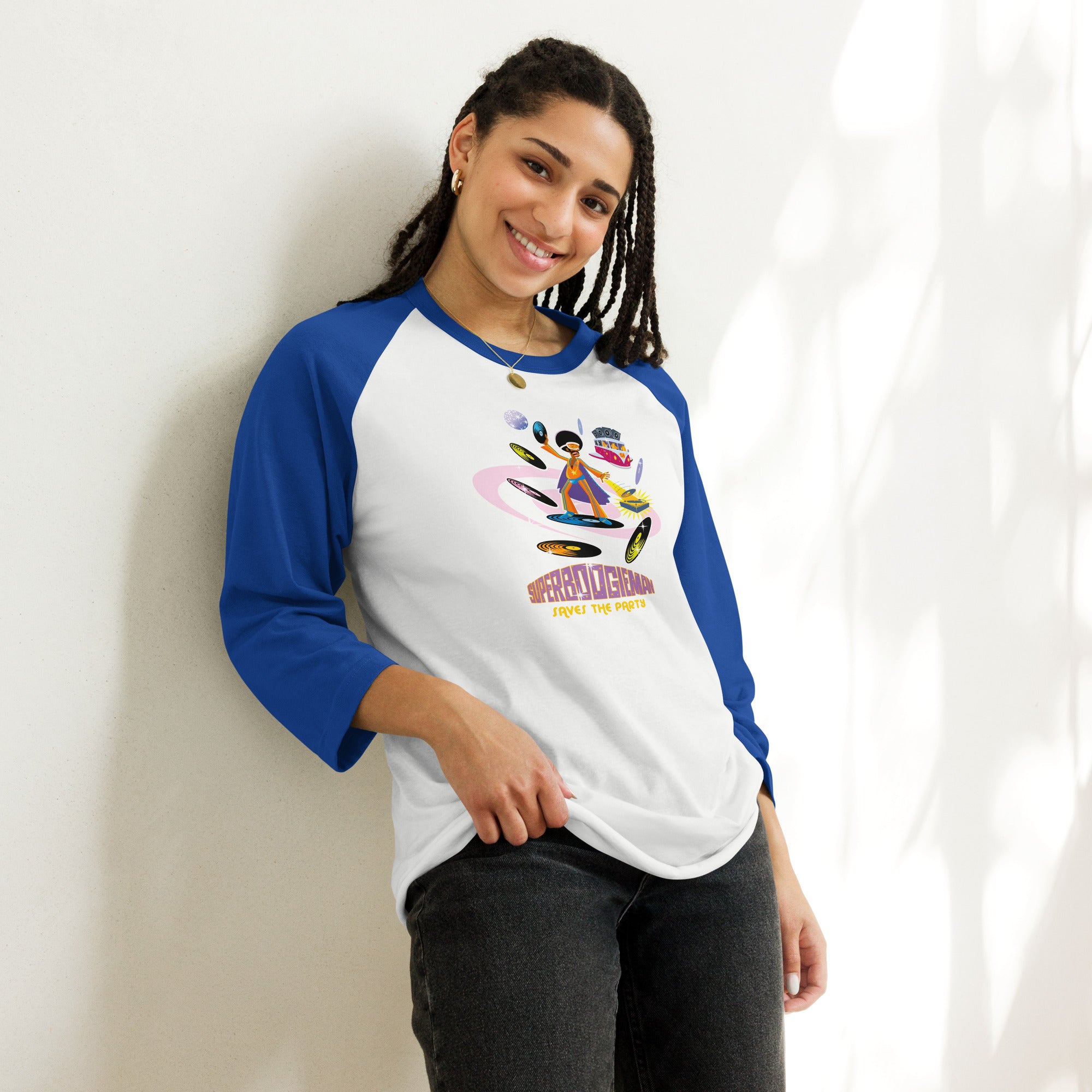 3/4 sleeve raglan t-shirt Superboogieman Saves the Party