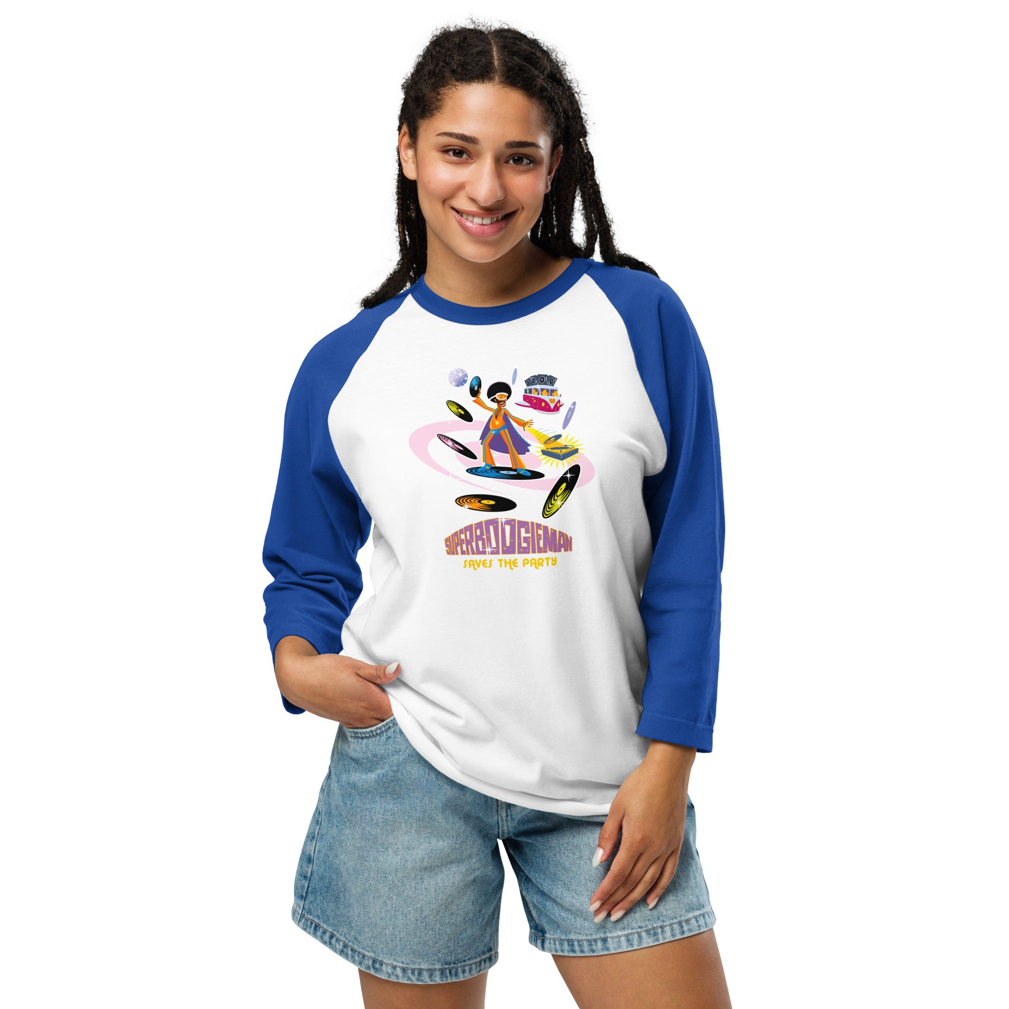 3/4 sleeve raglan t-shirt Superboogieman Saves the Party