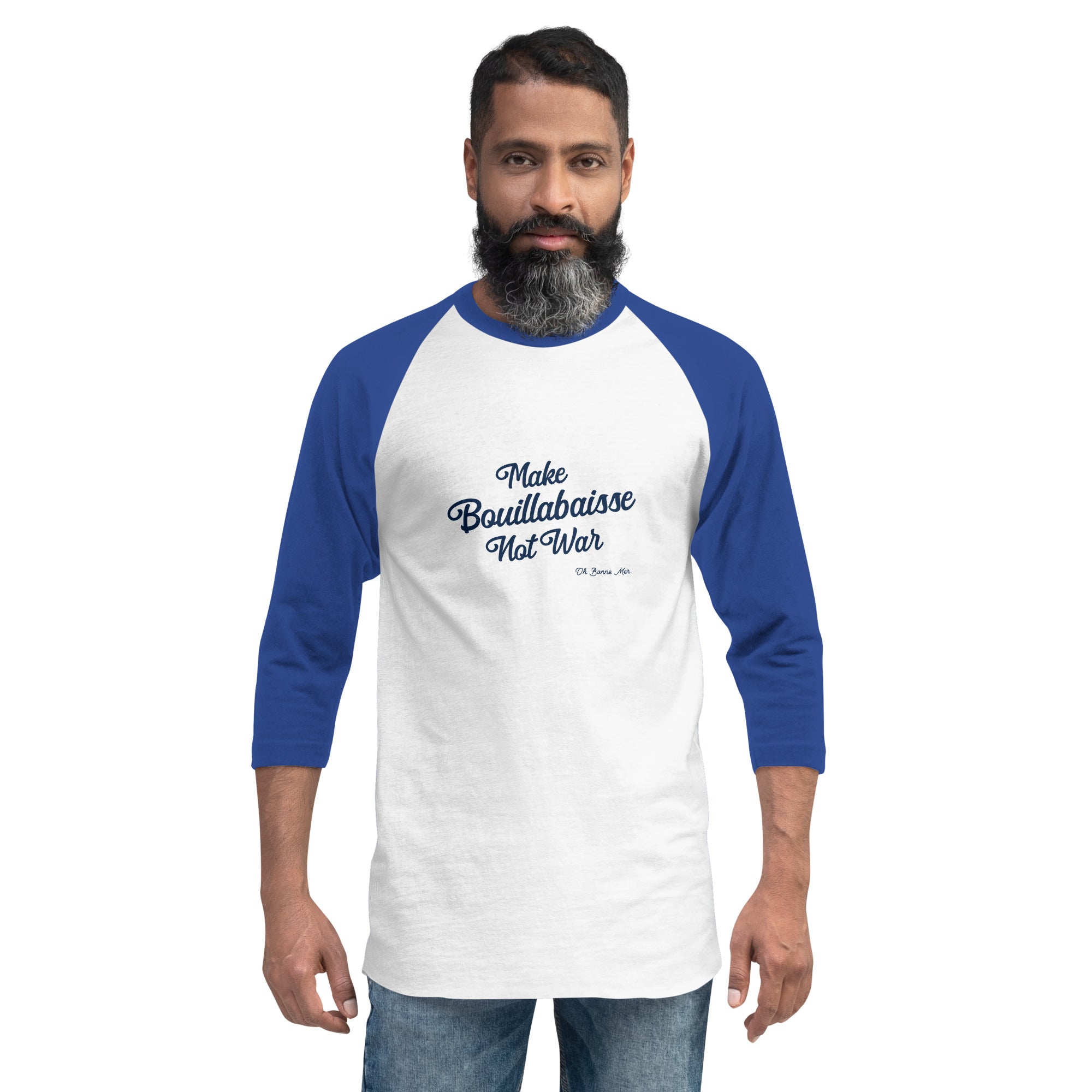 T-shirt à manches Raglan 3/4 Make Bouillabaisse Not War Text Only Navy