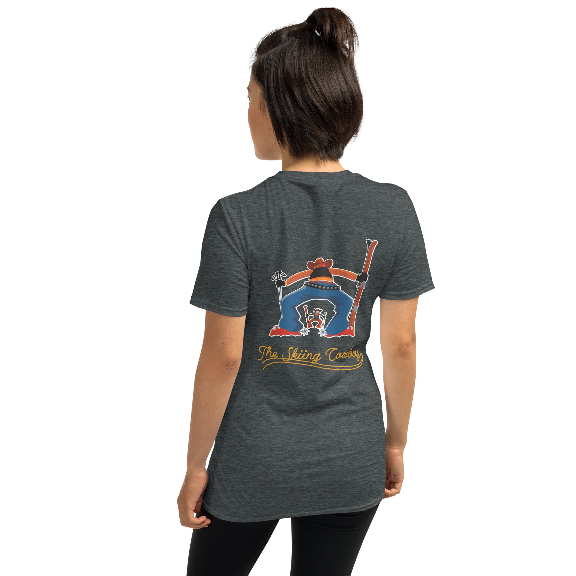 T-shirt softstyle en coton Skiing Cowboy (face) & Ski Fight at OK Corral Outline (dos)