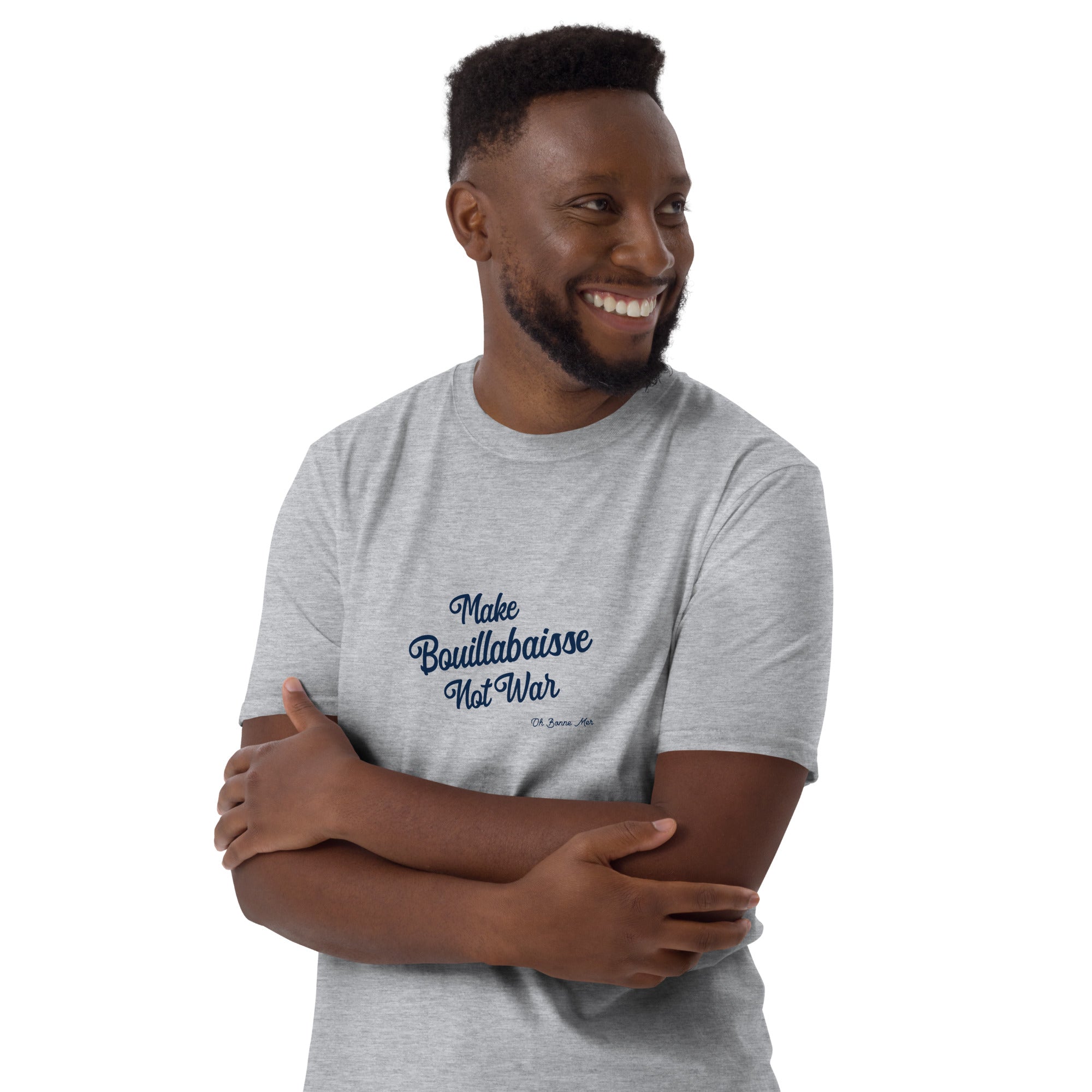 Softstyle Cotton T-Shirt Make Bouillabaisse Not War Text Only Navy embroidered pattern