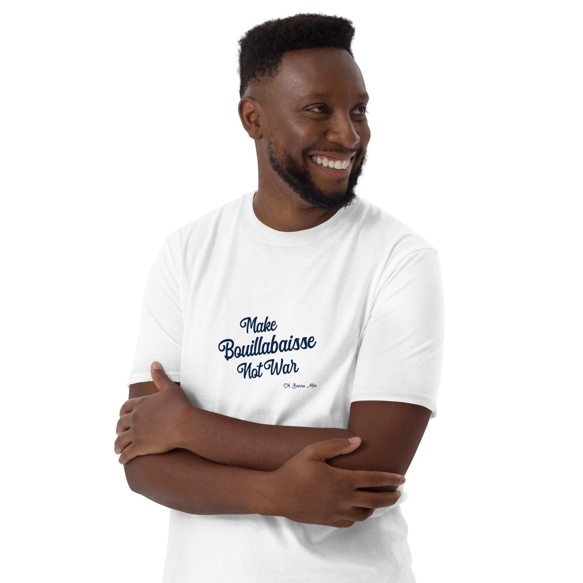Softstyle Cotton T-Shirt Make Bouillabaisse Not War Text Only Navy embroidered pattern