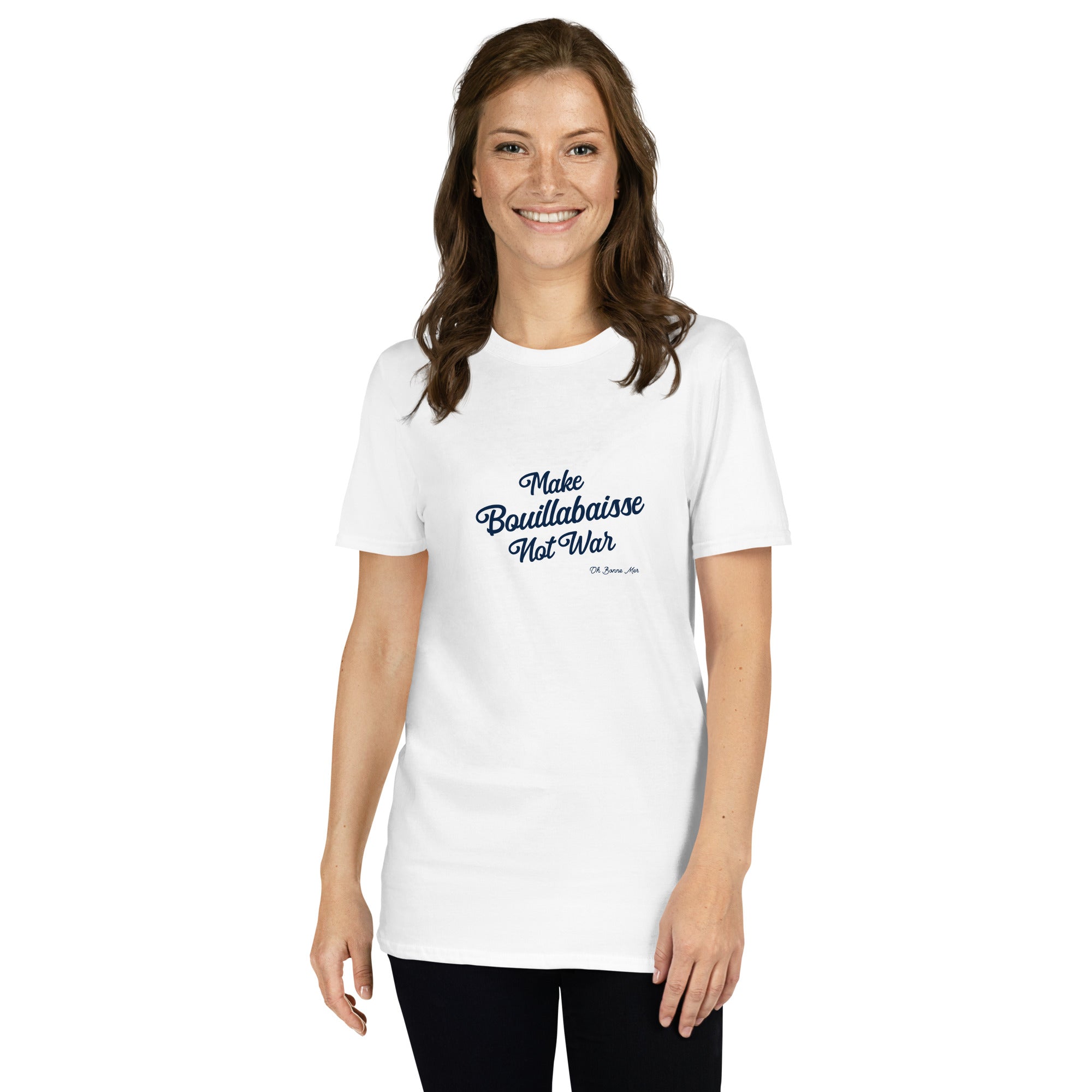 Softstyle Cotton T-Shirt Make Bouillabaisse Not War Text Only Navy embroidered pattern